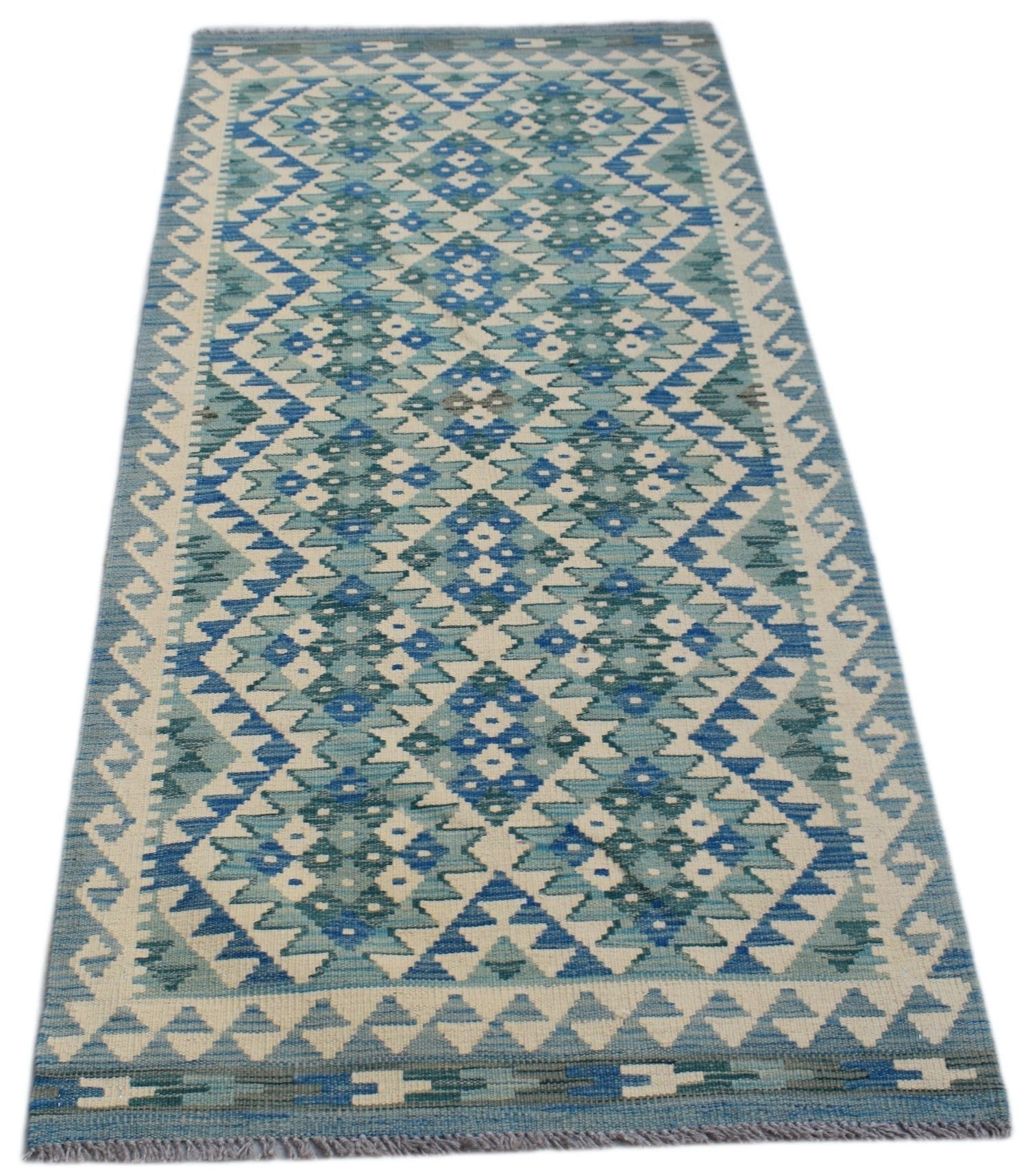 Handwoven Afghan Maimana wool runner featuring a blue and cream geometric diamond pattern.
