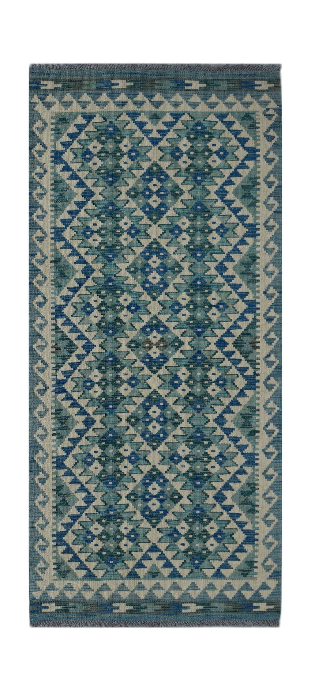 Handwoven Afghan Maimana wool runner featuring a blue and cream geometric diamond pattern.