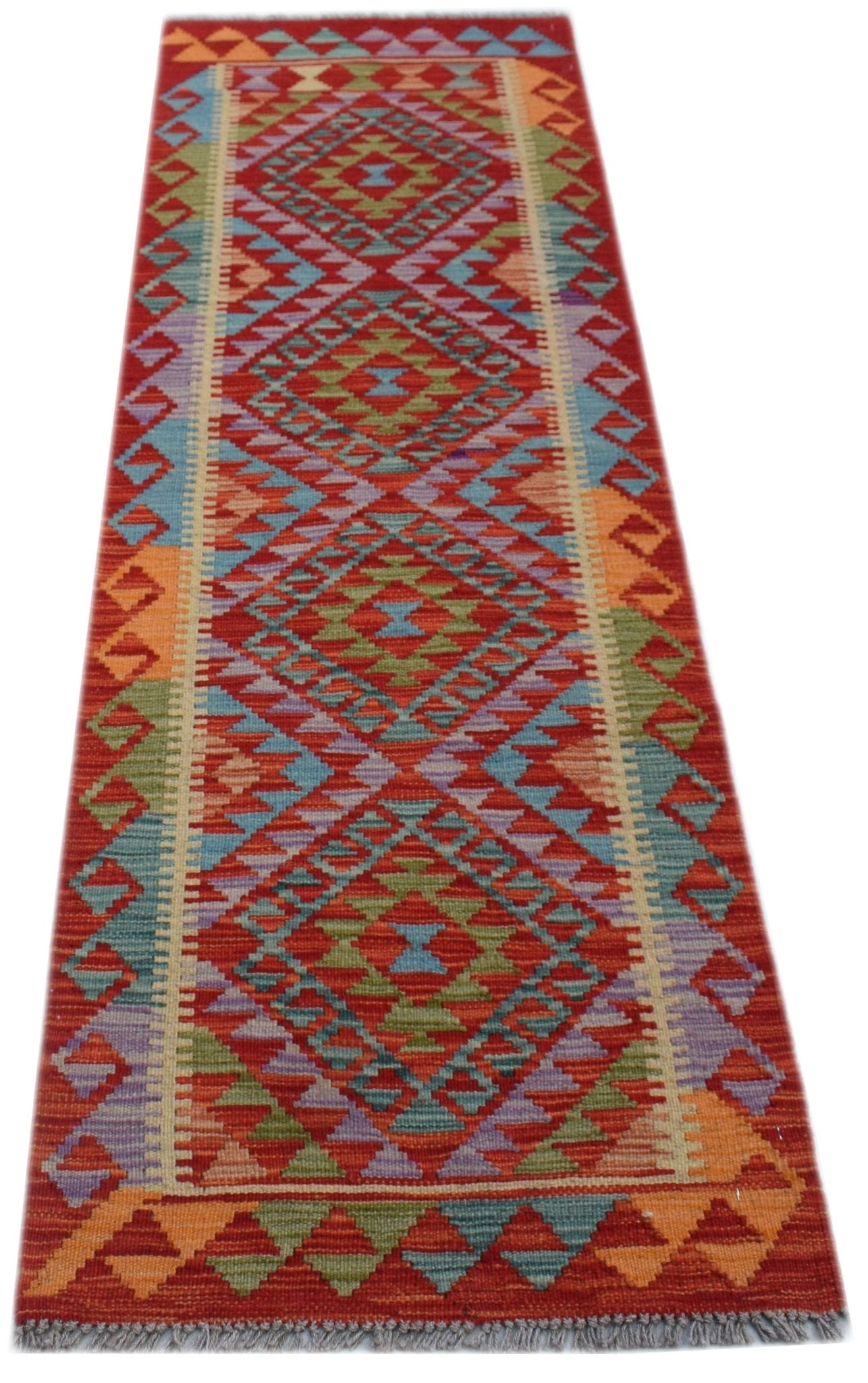 Handwoven Afghan Maimana wool runner featuring a vibrant geometric diamond pattern in red and blue.