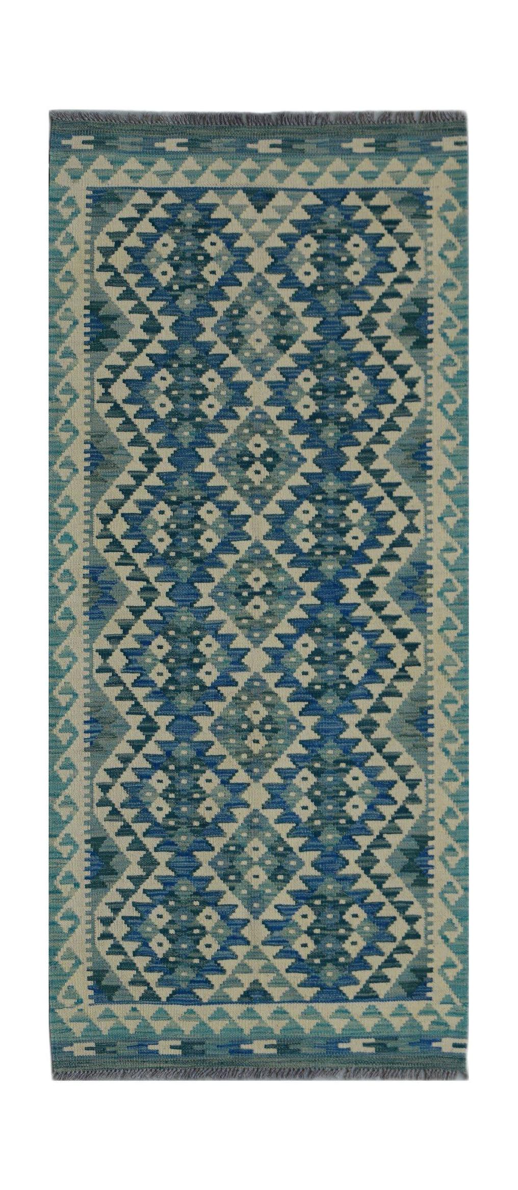 A rectangular Afghan Maimana wool runner rug featuring a blue and cream geometric diamond pattern.
