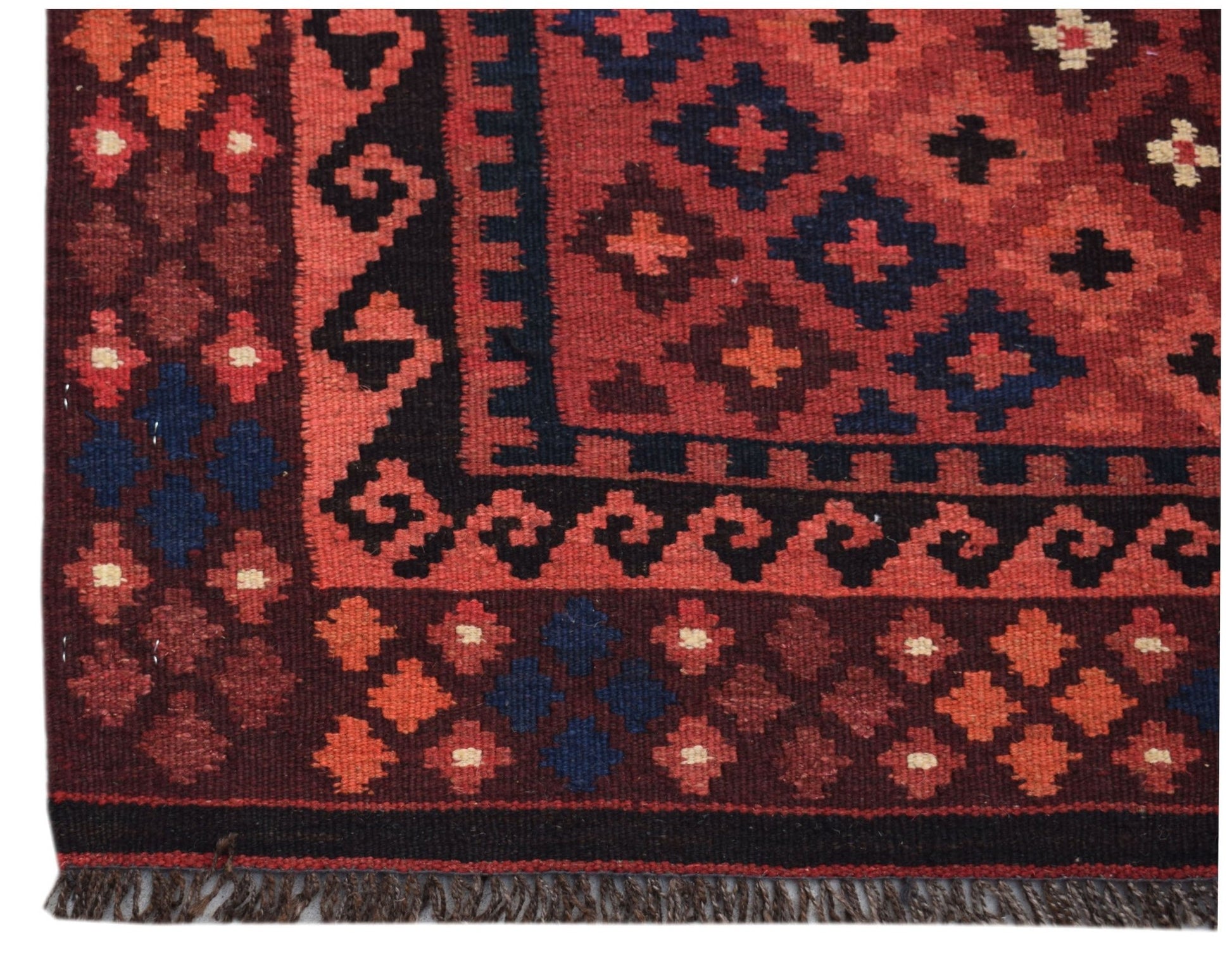 Handwoven Afghan Maimana kilim runner featuring a geometric pattern in red, black, and blue wool.