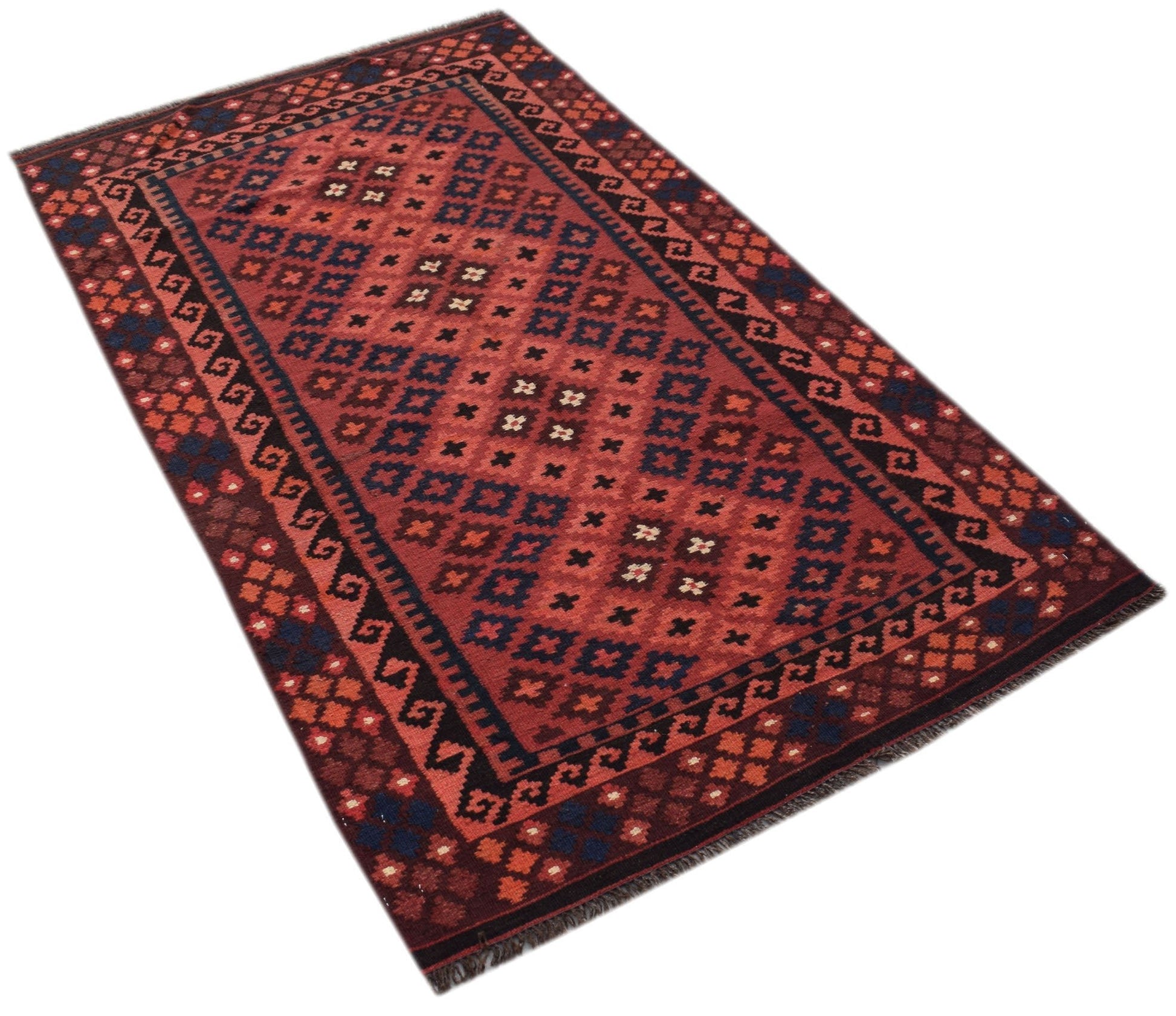 Handwoven Afghan Maimana kilim runner featuring a geometric pattern in red and dark blue wool.