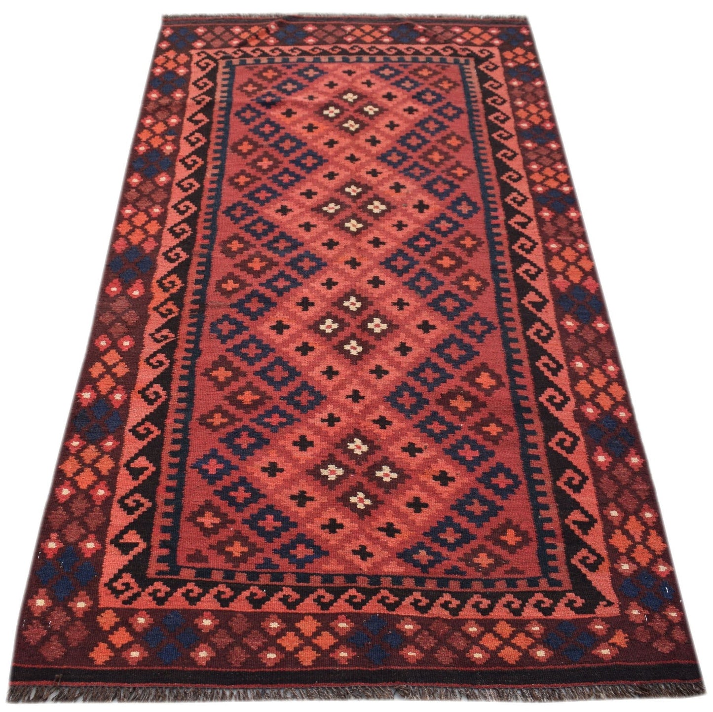 Handwoven Afghan Maimana wool runner rug featuring a red field with geometric diamond patterns.