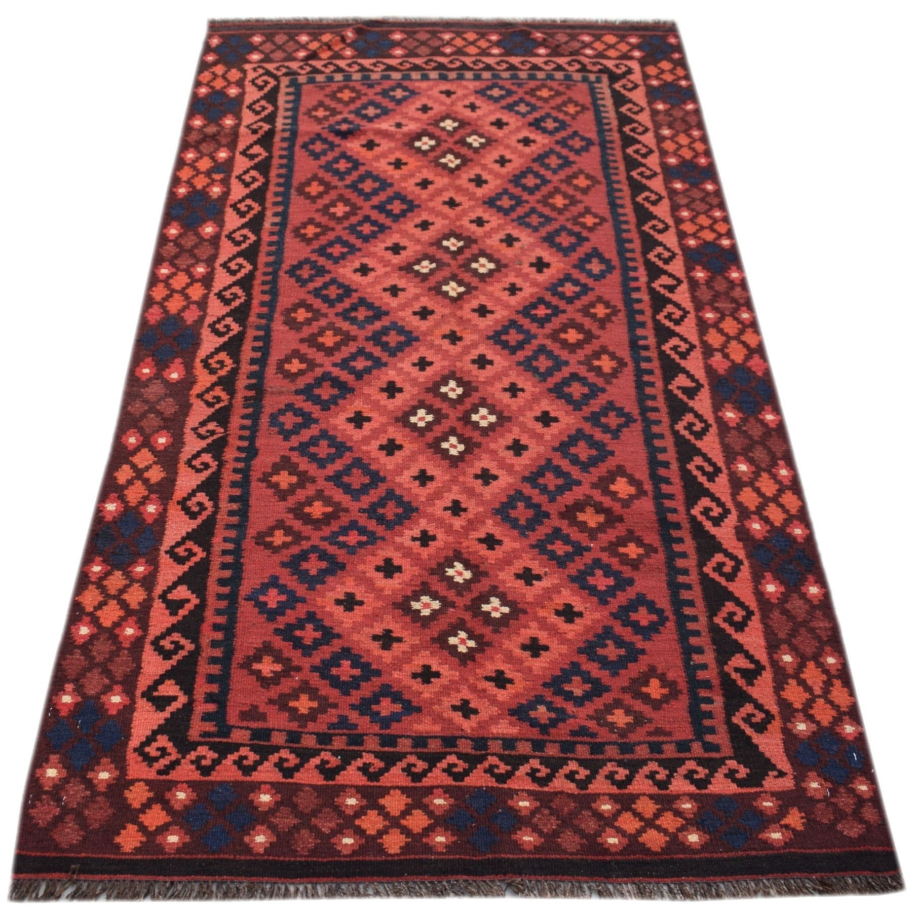 Handwoven Afghan Maimana wool runner rug featuring a red field with geometric diamond patterns.