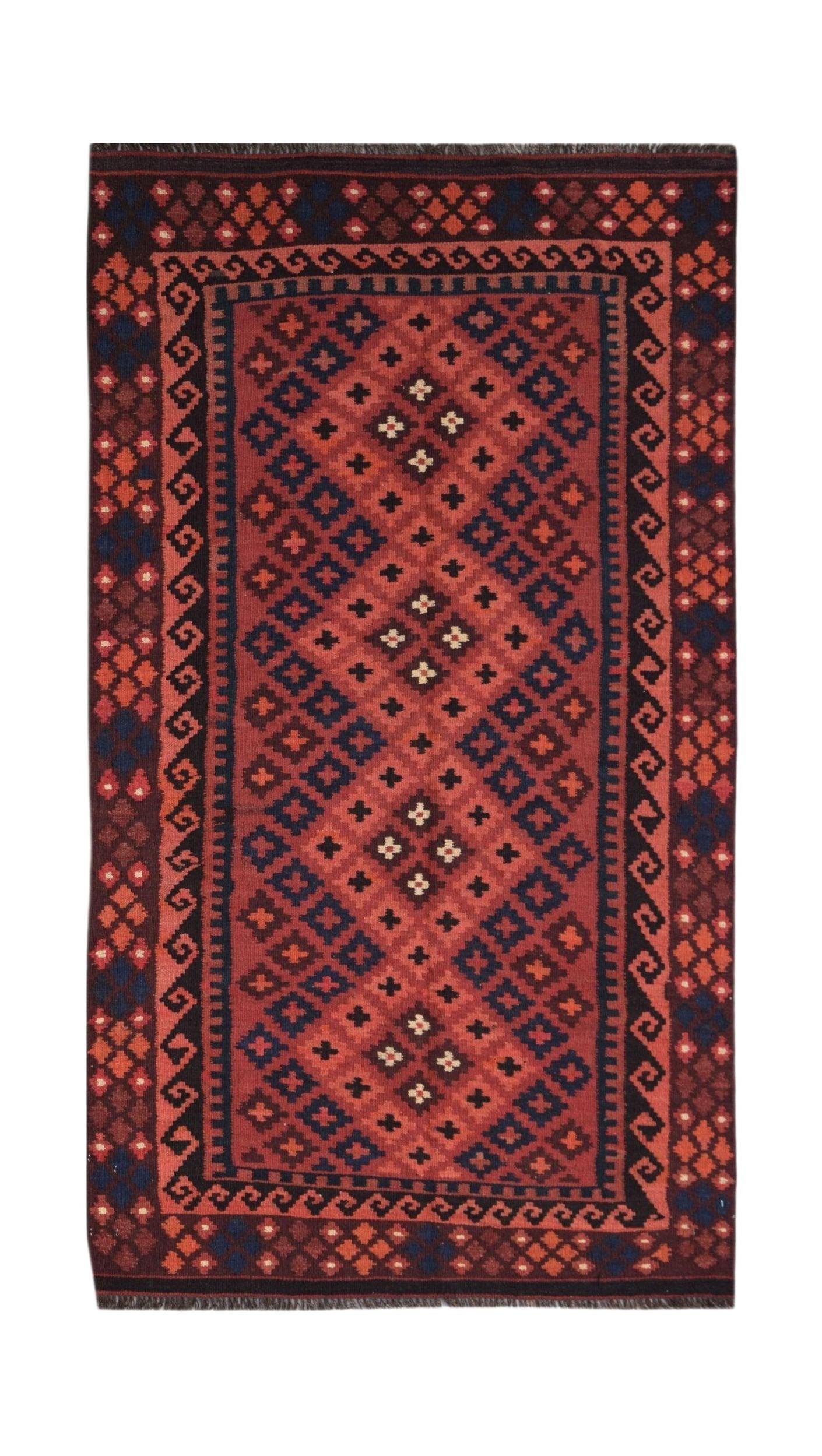 Handwoven Afghan Maimana kilim runner featuring a geometric pattern in red and dark blue wool.