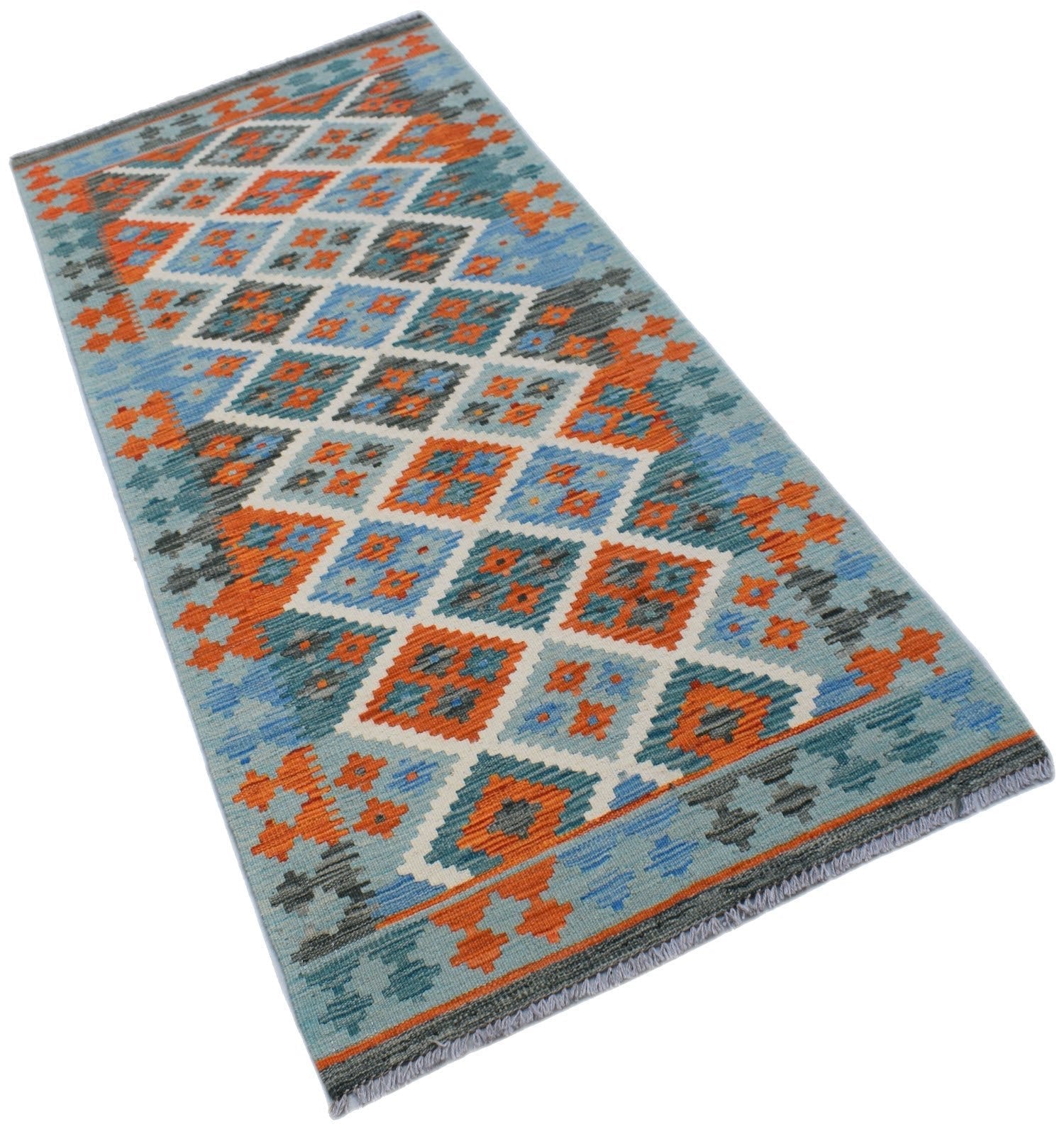 Handwoven Afghan Maimana wool runner rug featuring a geometric diamond pattern in blue and orange.