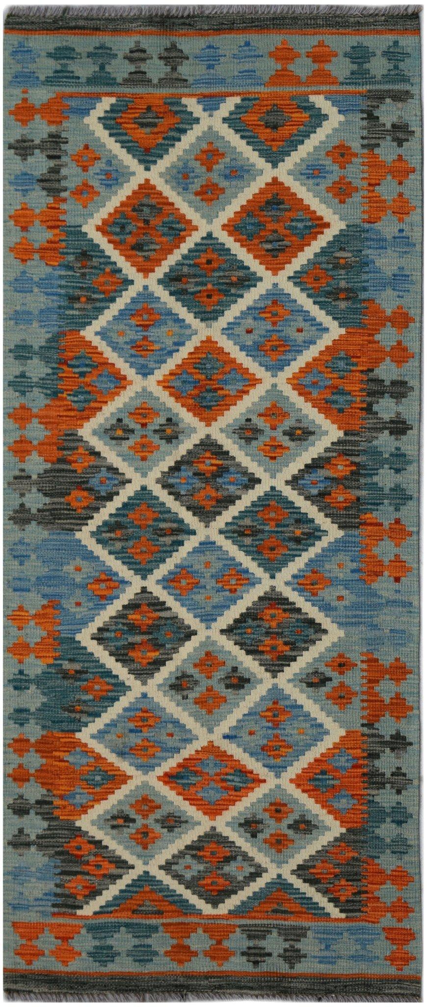 Handwoven Afghan Maimana wool runner featuring a geometric diamond pattern in blue and orange.
