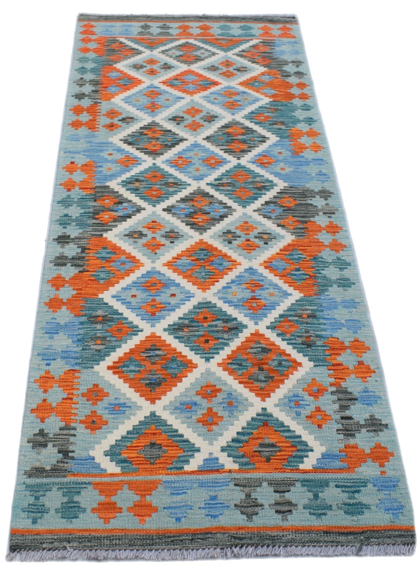 Handwoven Afghan Maimana wool runner rug featuring a geometric diamond pattern in blue and orange.