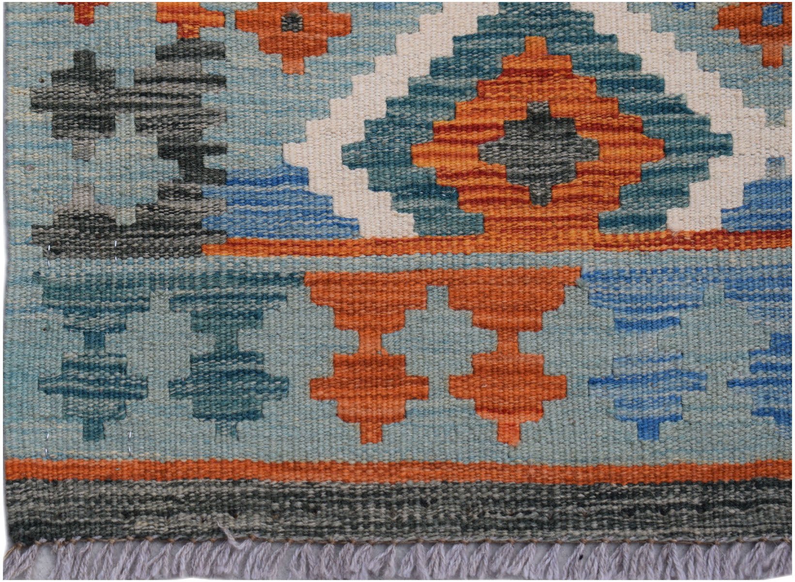 Handwoven Afghan Maimana Kilim runner featuring geometric patterns in orange, blue, and grey.