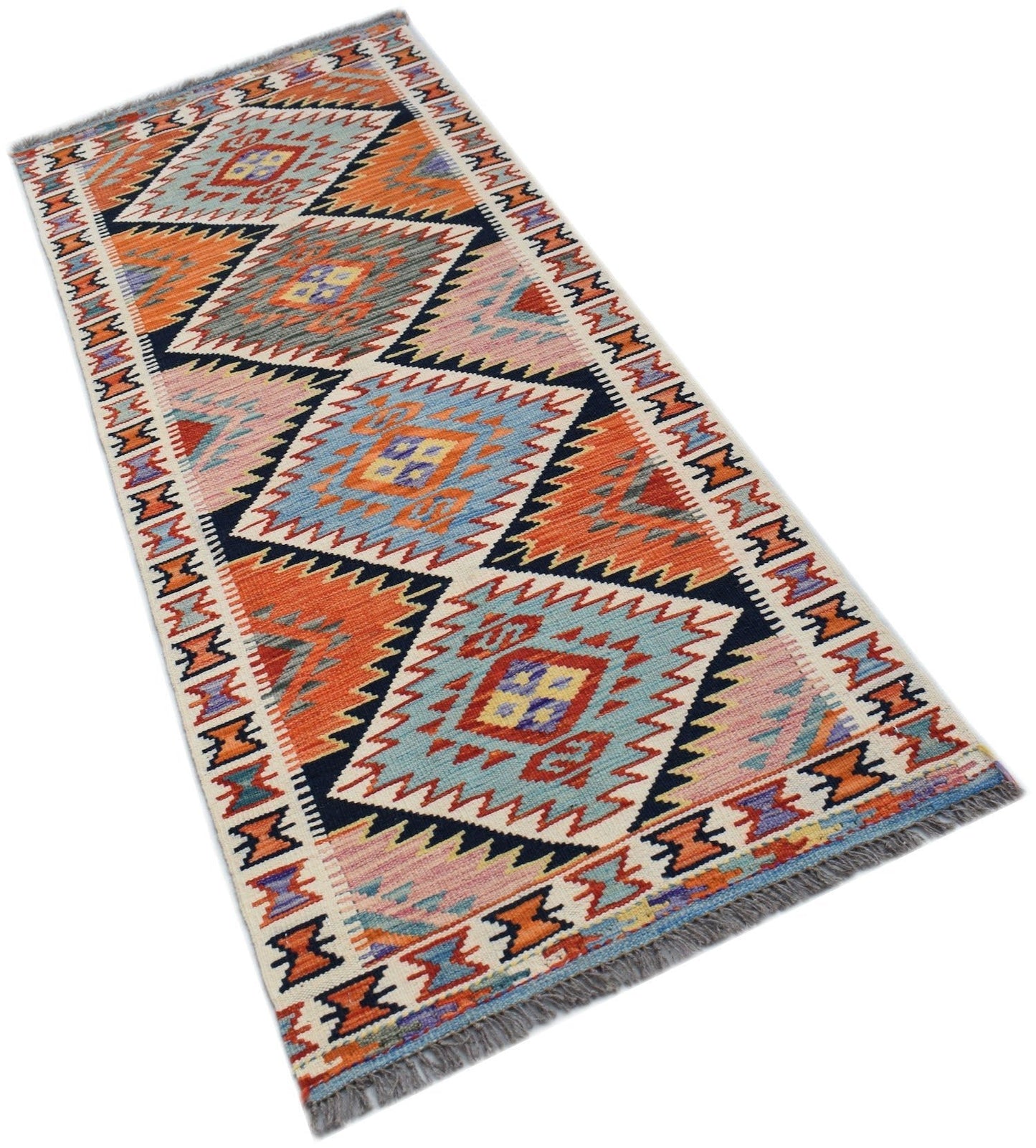 Handwoven Afghan Maimana wool runner rug featuring a colorful geometric diamond pattern.
