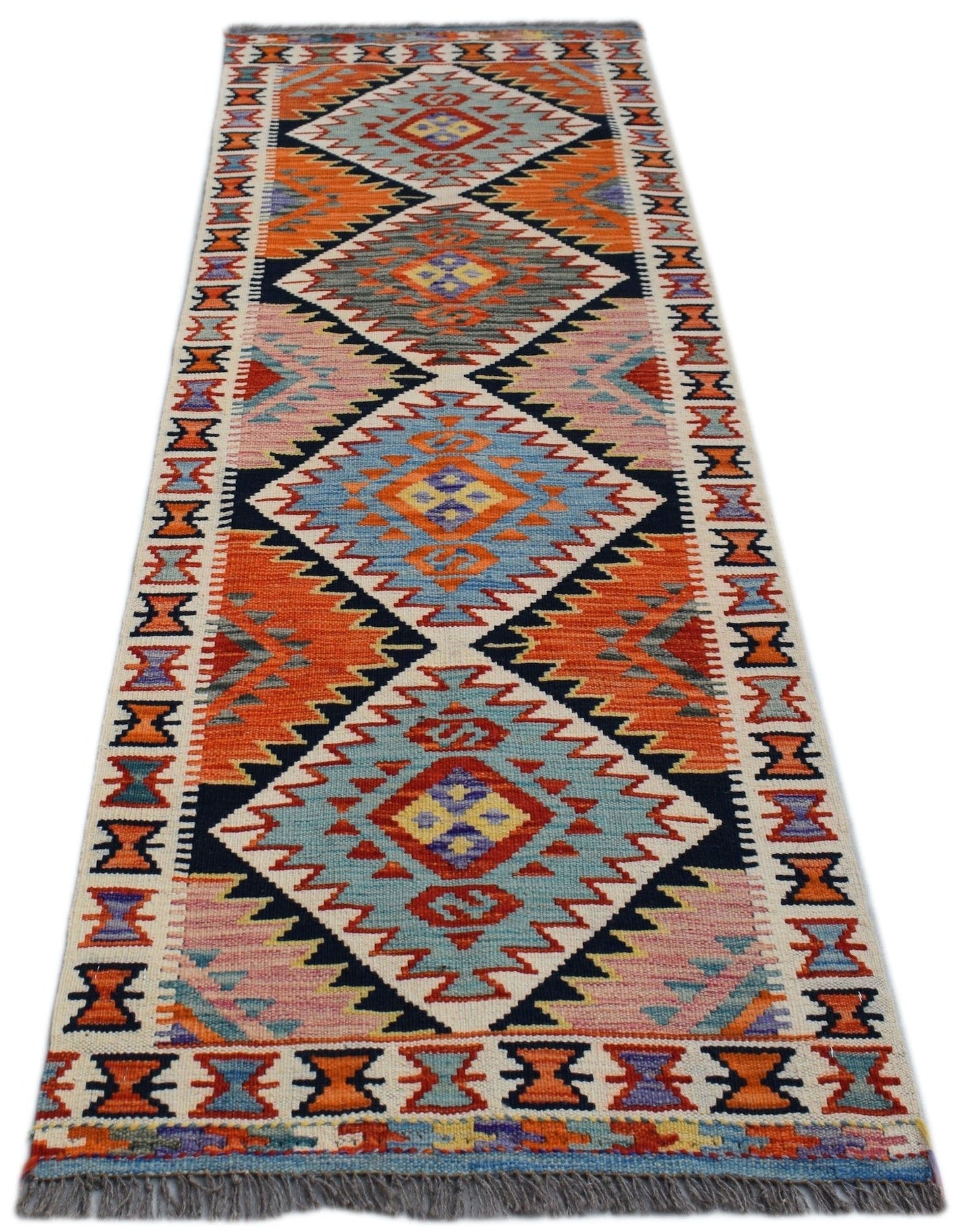 Handwoven Afghan Maimana wool runner rug featuring a colorful geometric diamond pattern.