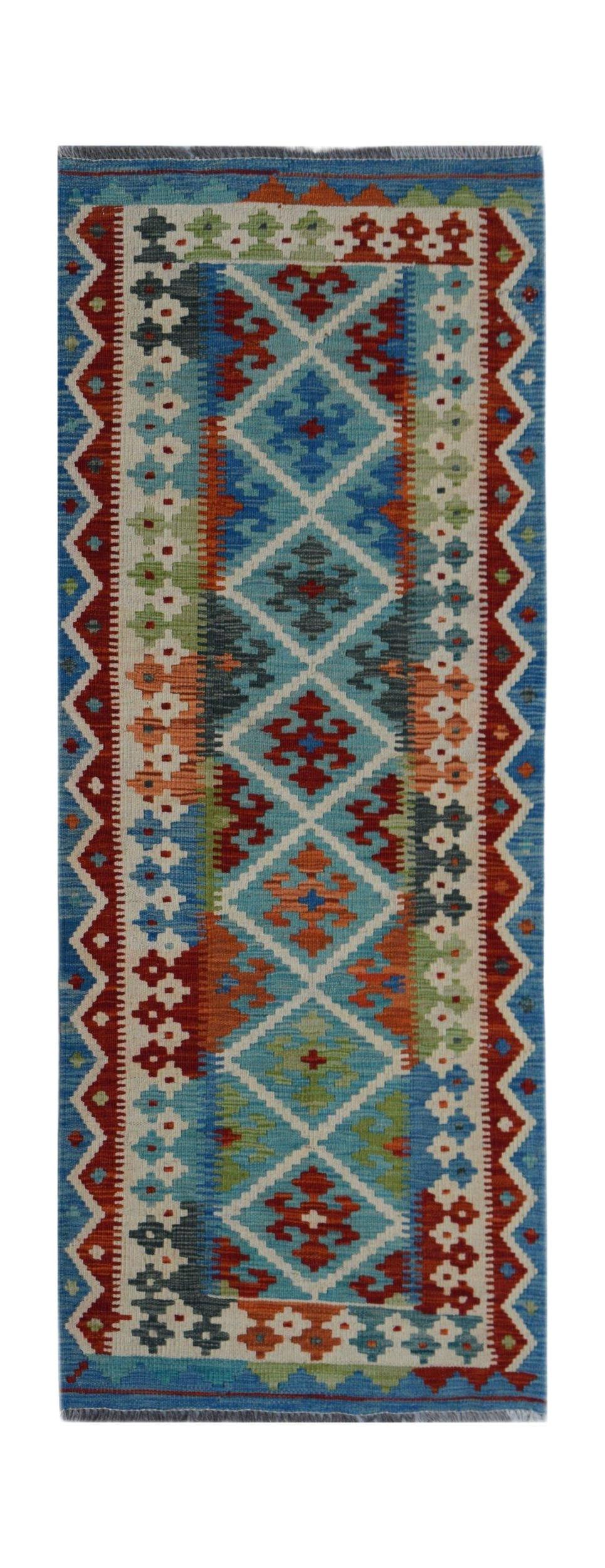Handwoven Afghan Maimana wool runner rug featuring a colorful geometric diamond pattern.