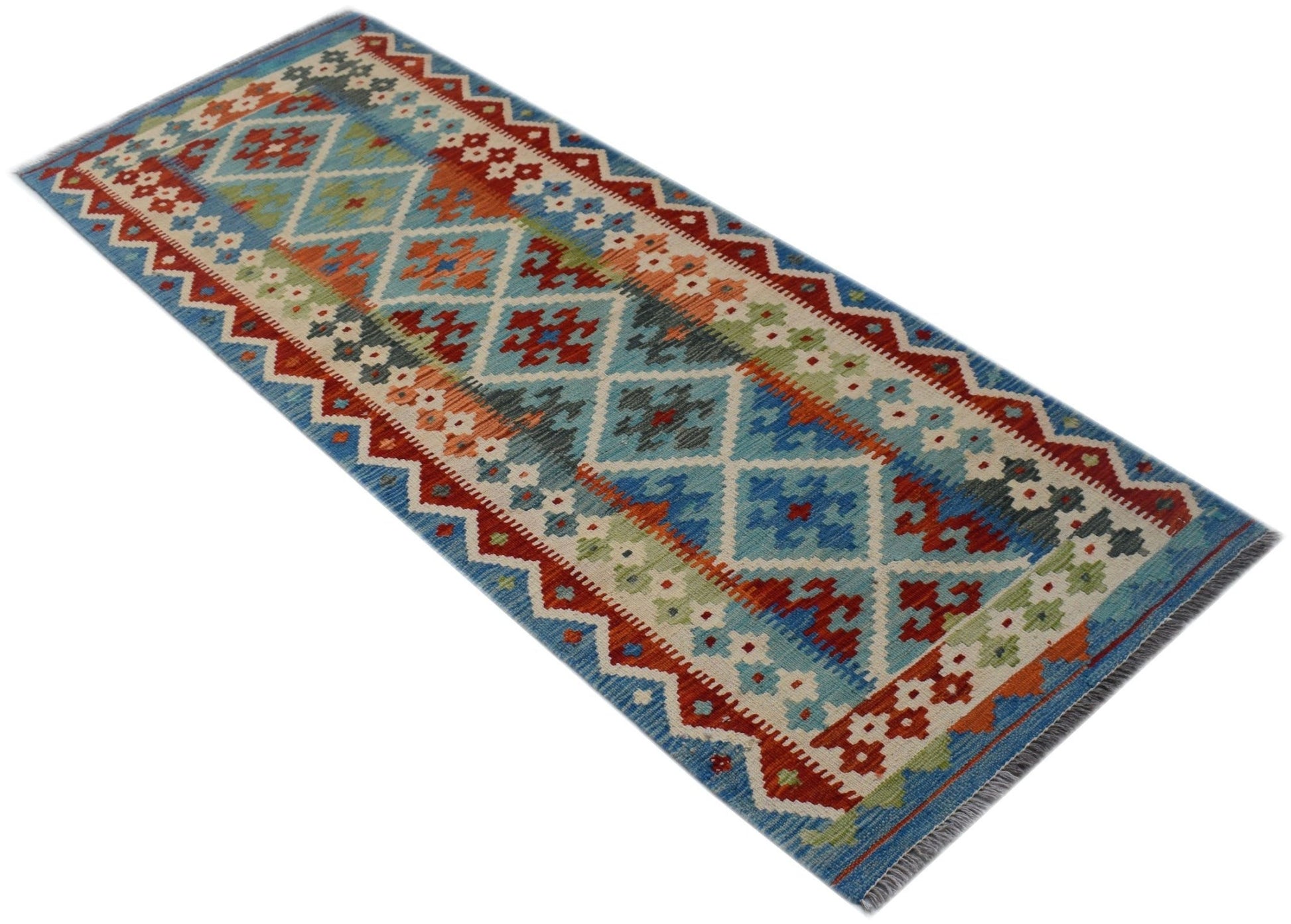 Handwoven Afghan Maimana wool runner rug featuring a geometric diamond pattern in vibrant colors.