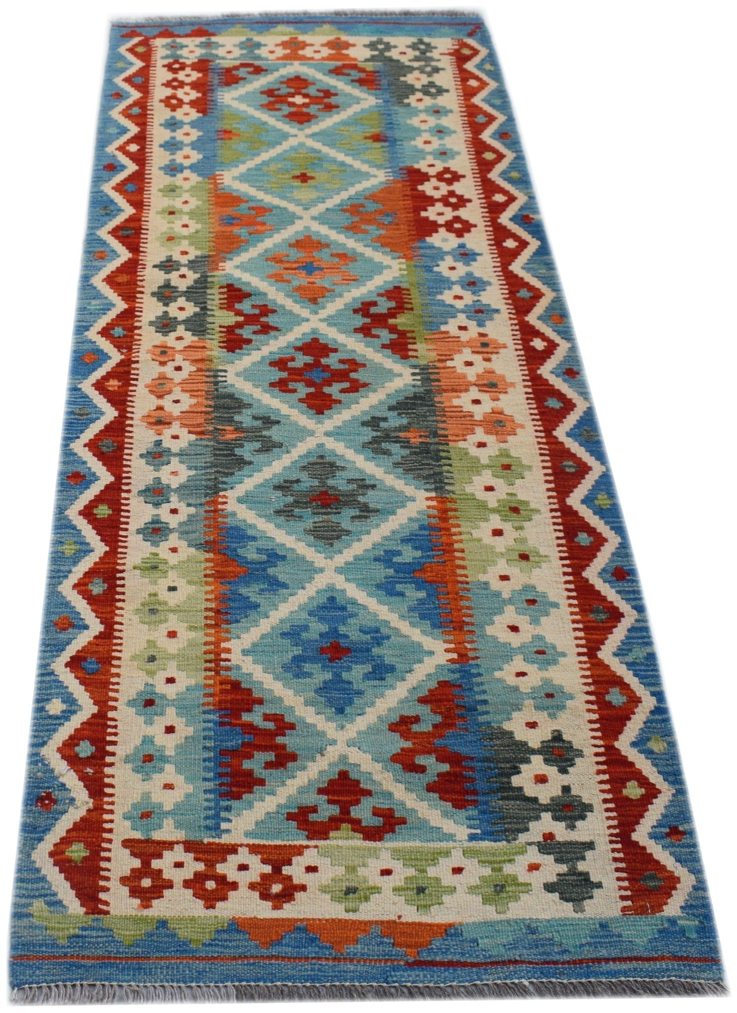Handwoven Afghan Maimana wool runner rug featuring a colorful geometric diamond pattern.