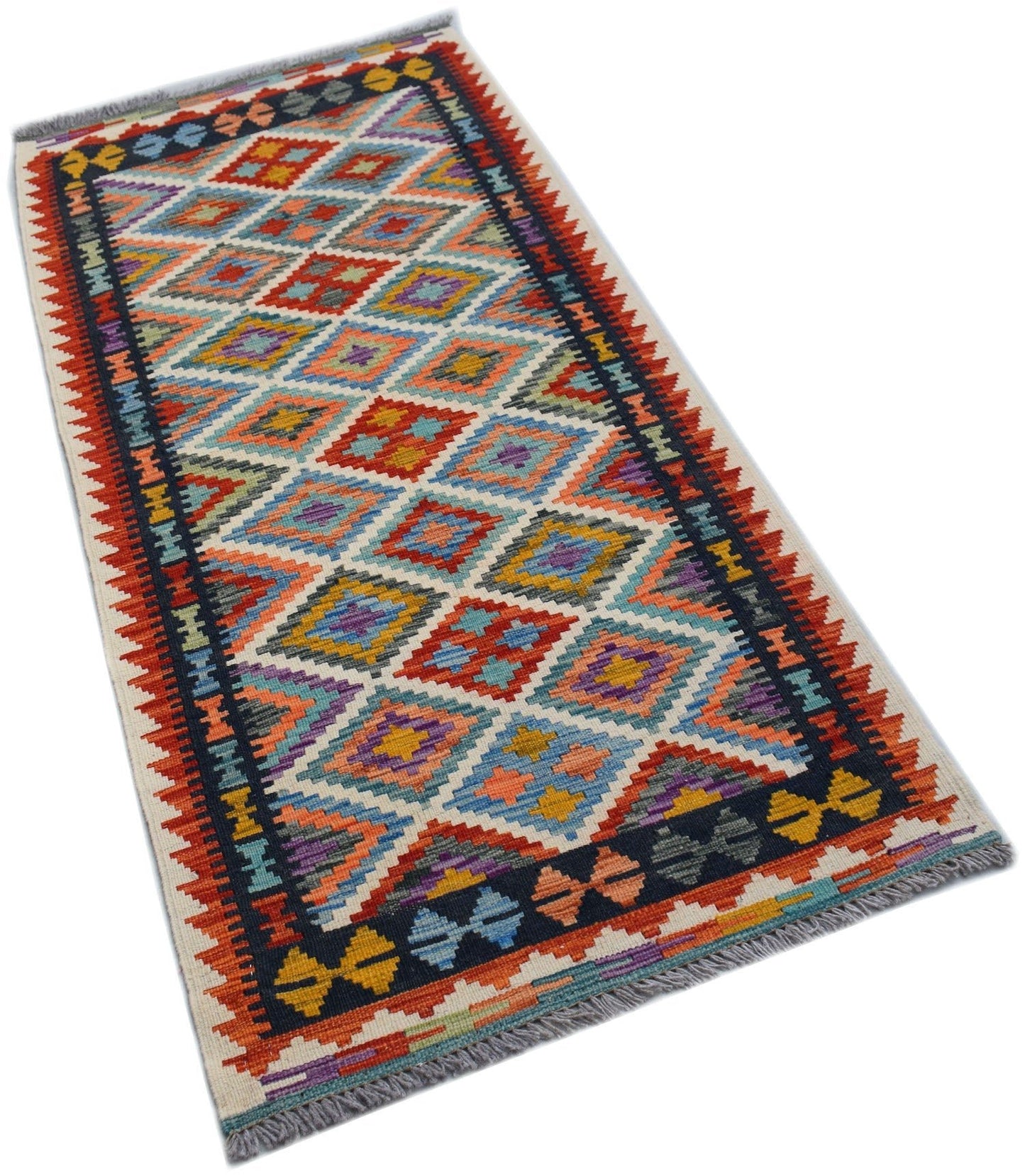 Handwoven Afghan Maimana wool runner rug featuring a colorful geometric diamond pattern.