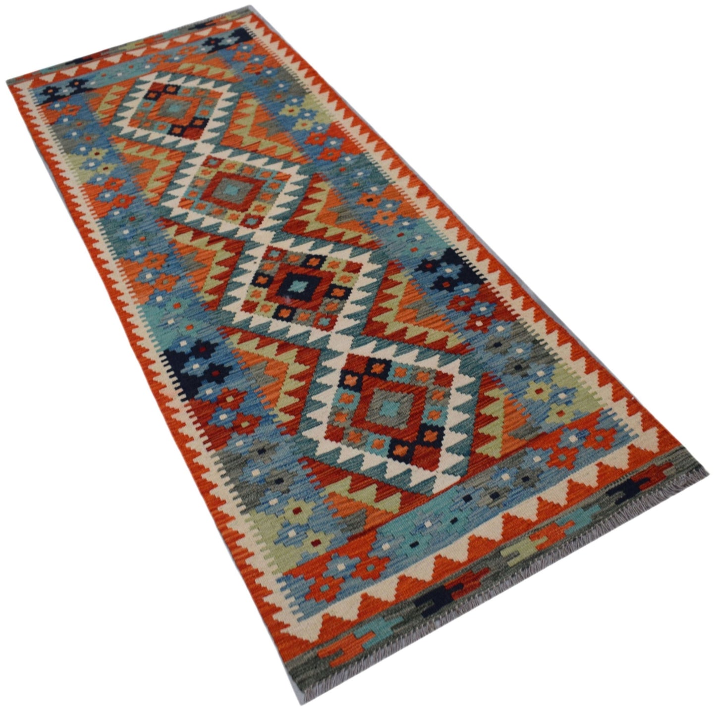 Handmade Afghan Maimana wool runner rug featuring a colorful geometric diamond pattern.