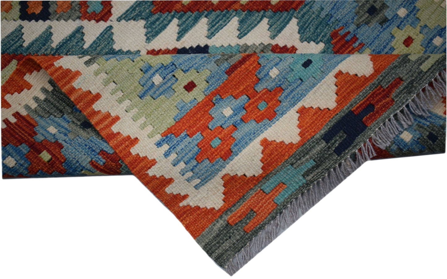 Handwoven Afghan Maimana wool runner featuring a geometric pattern in vibrant multi-colored tones.