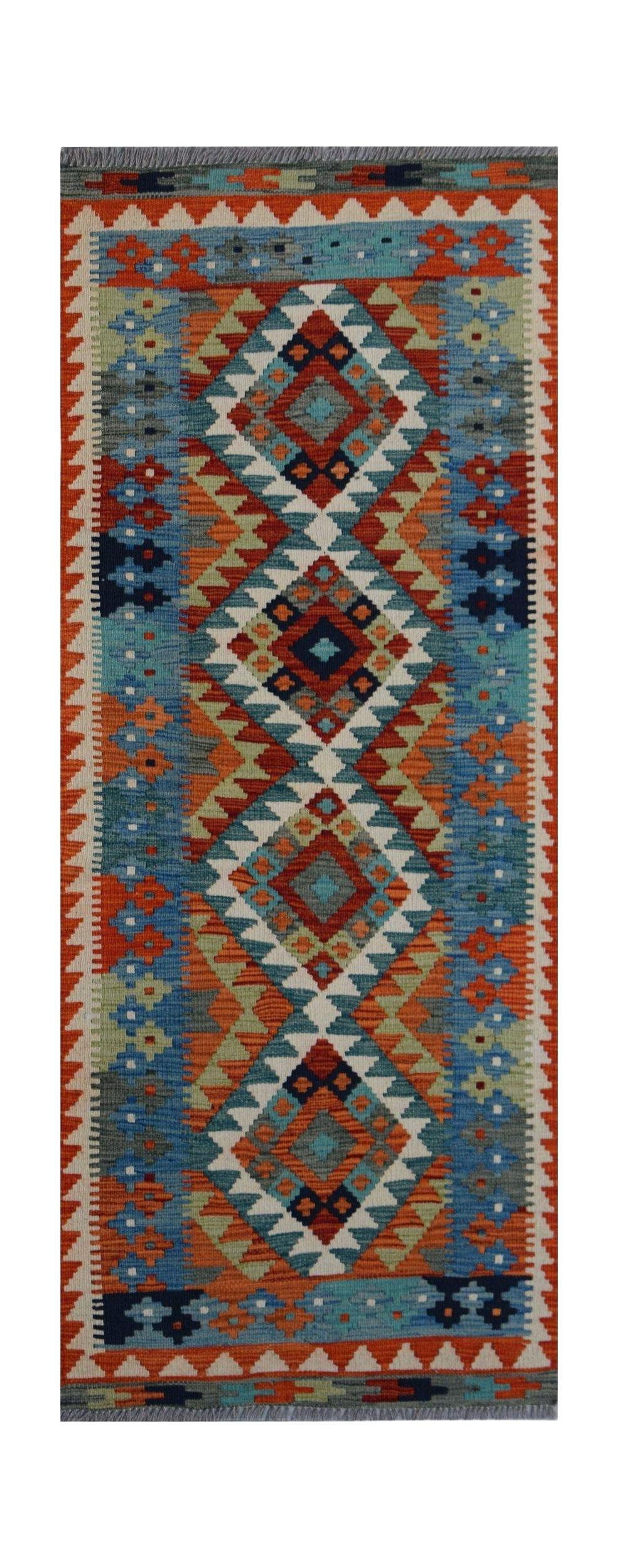 Handwoven Afghan Maimana wool runner rug featuring a vibrant geometric diamond pattern.