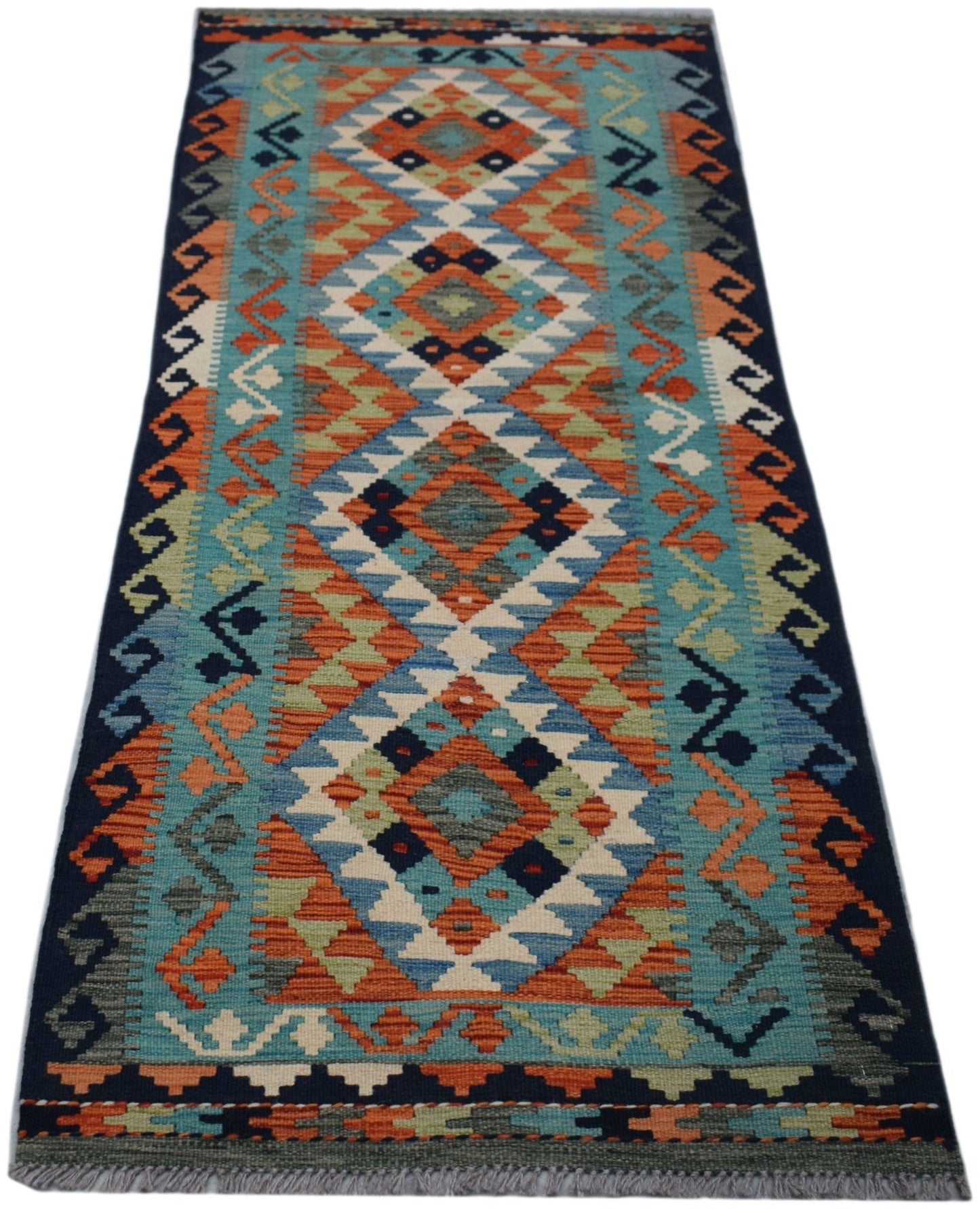 Handwoven Afghan Maimana wool runner rug featuring a colorful geometric diamond pattern.