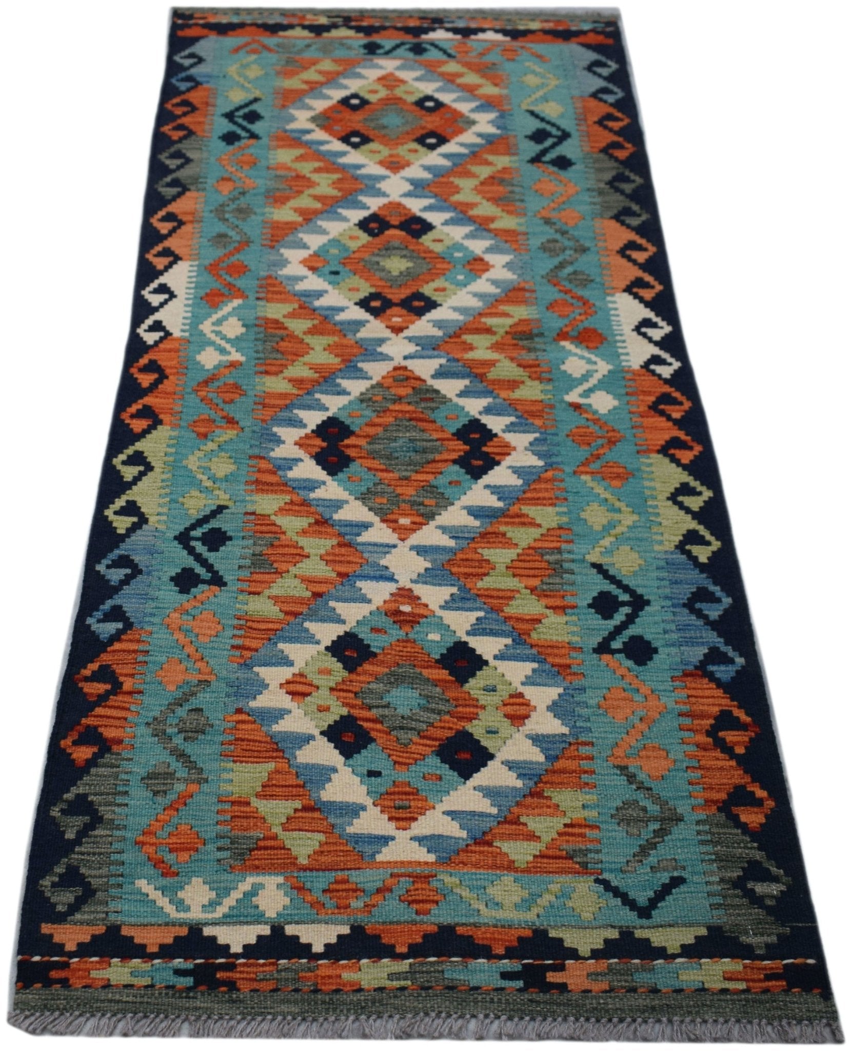 Handwoven Afghan Maimana wool runner rug featuring a colorful geometric diamond pattern.