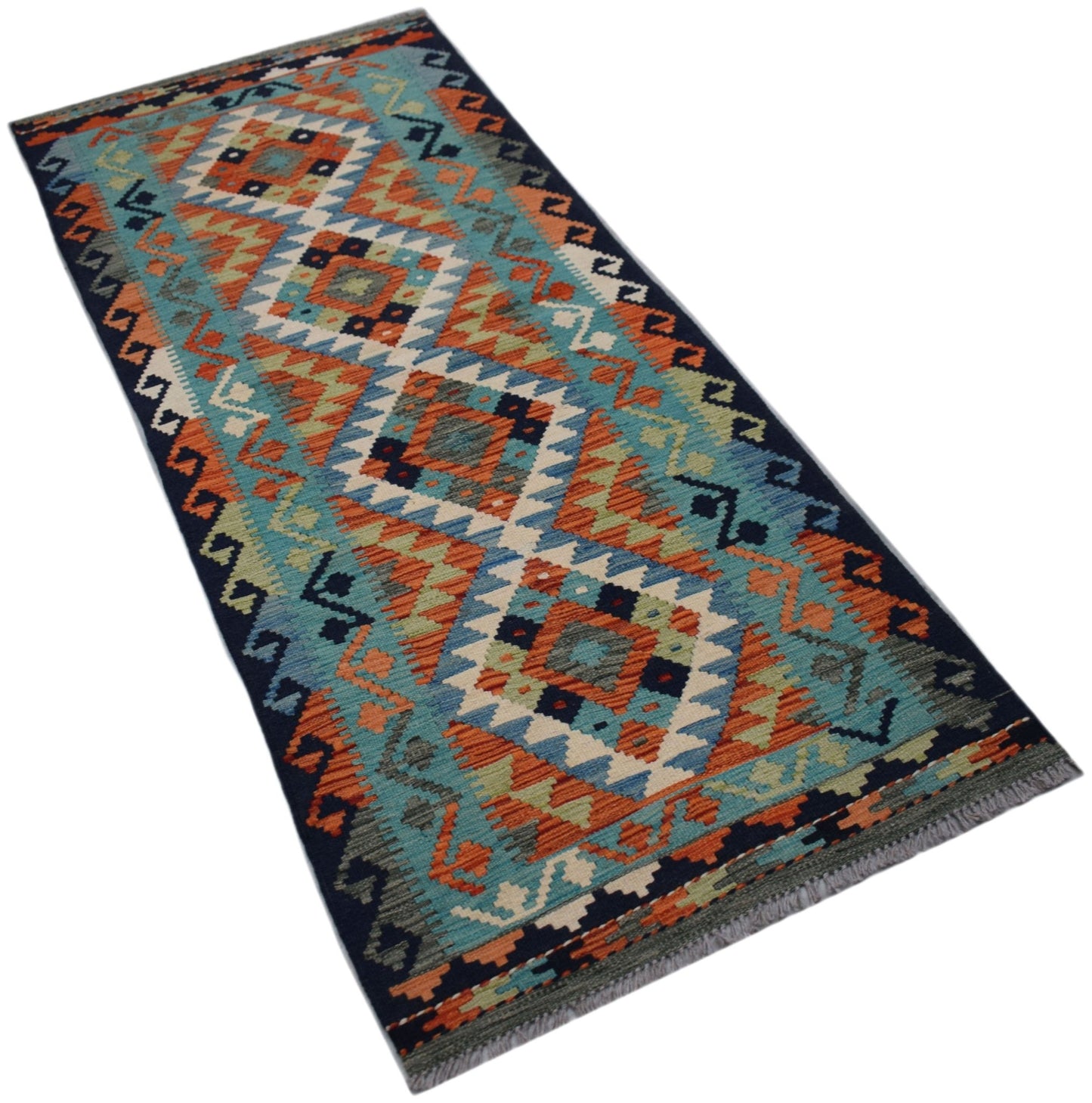 Handwoven Afghan Maimana wool runner rug featuring a colorful geometric diamond pattern.