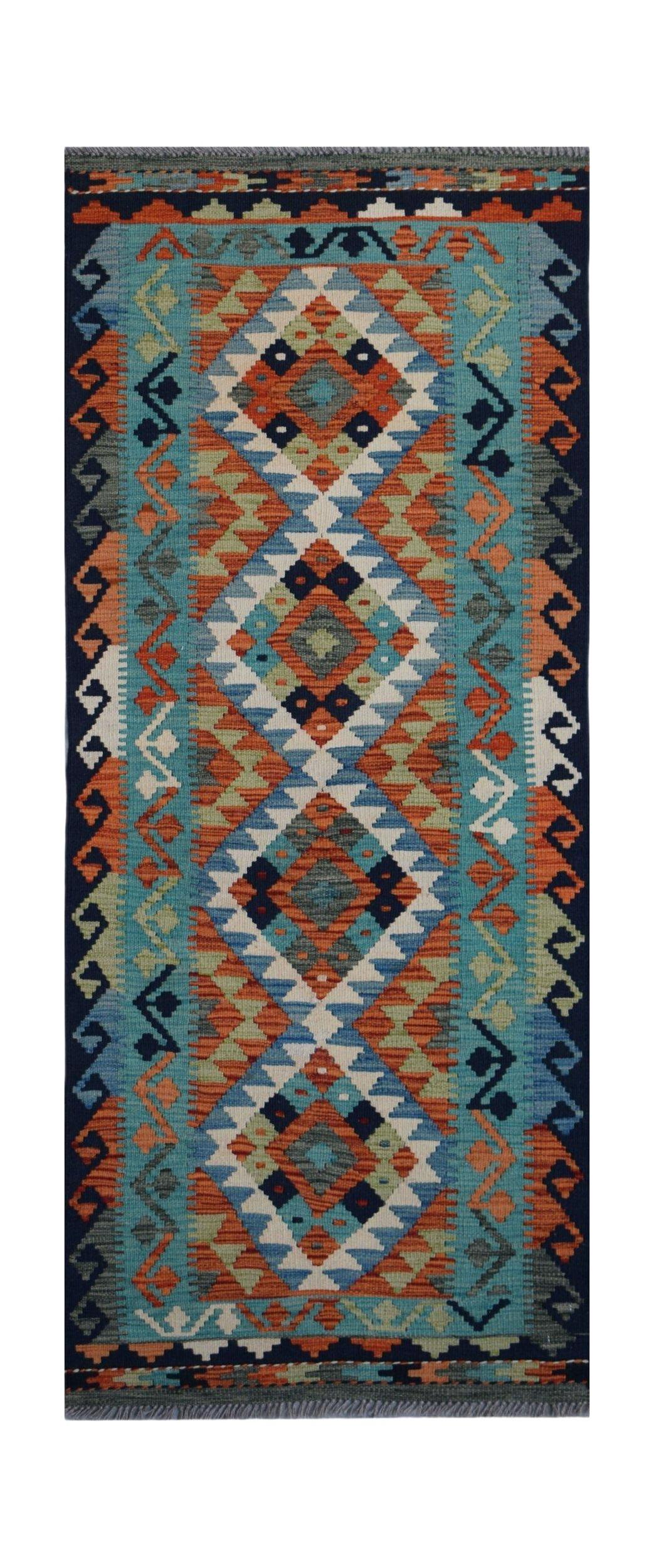 Handwoven Afghan Maimana wool runner featuring a vibrant geometric pattern in blue and orange.