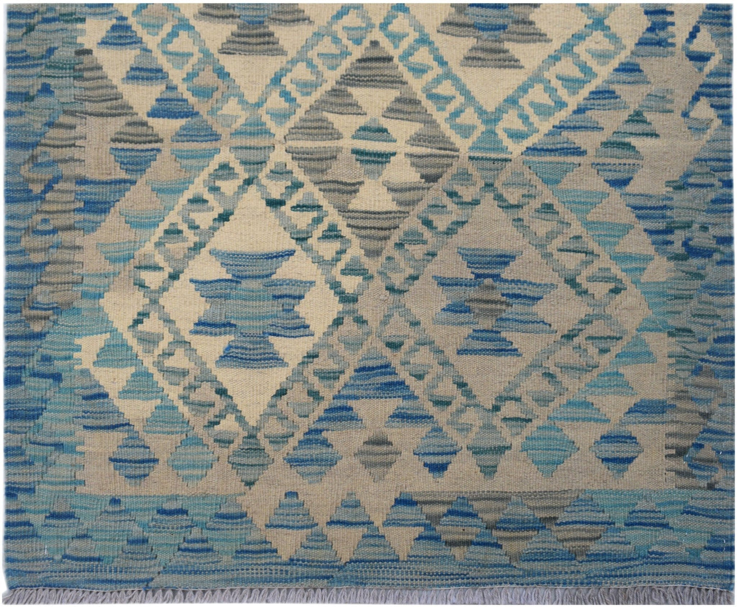 Handwoven Afghan Maimana wool kilim runner featuring a blue and grey geometric diamond pattern.