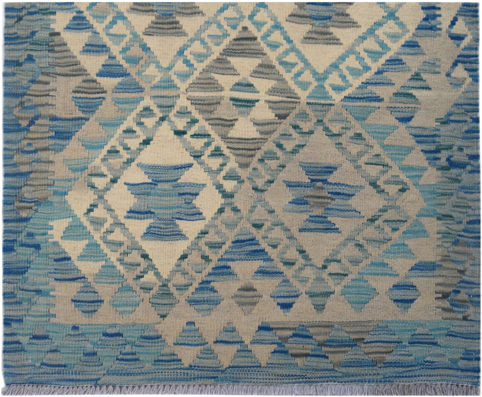 Handwoven Afghan Maimana wool kilim runner featuring a blue and grey geometric diamond pattern.