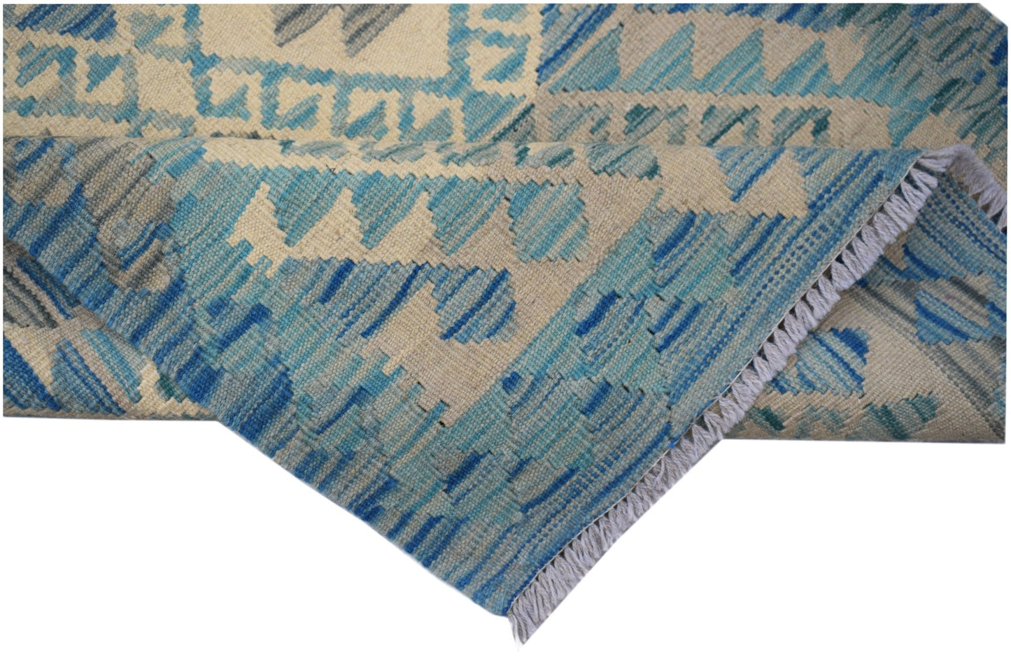 Handwoven Afghan Maimana wool kilim runner featuring a geometric pattern in blue and cream tones.