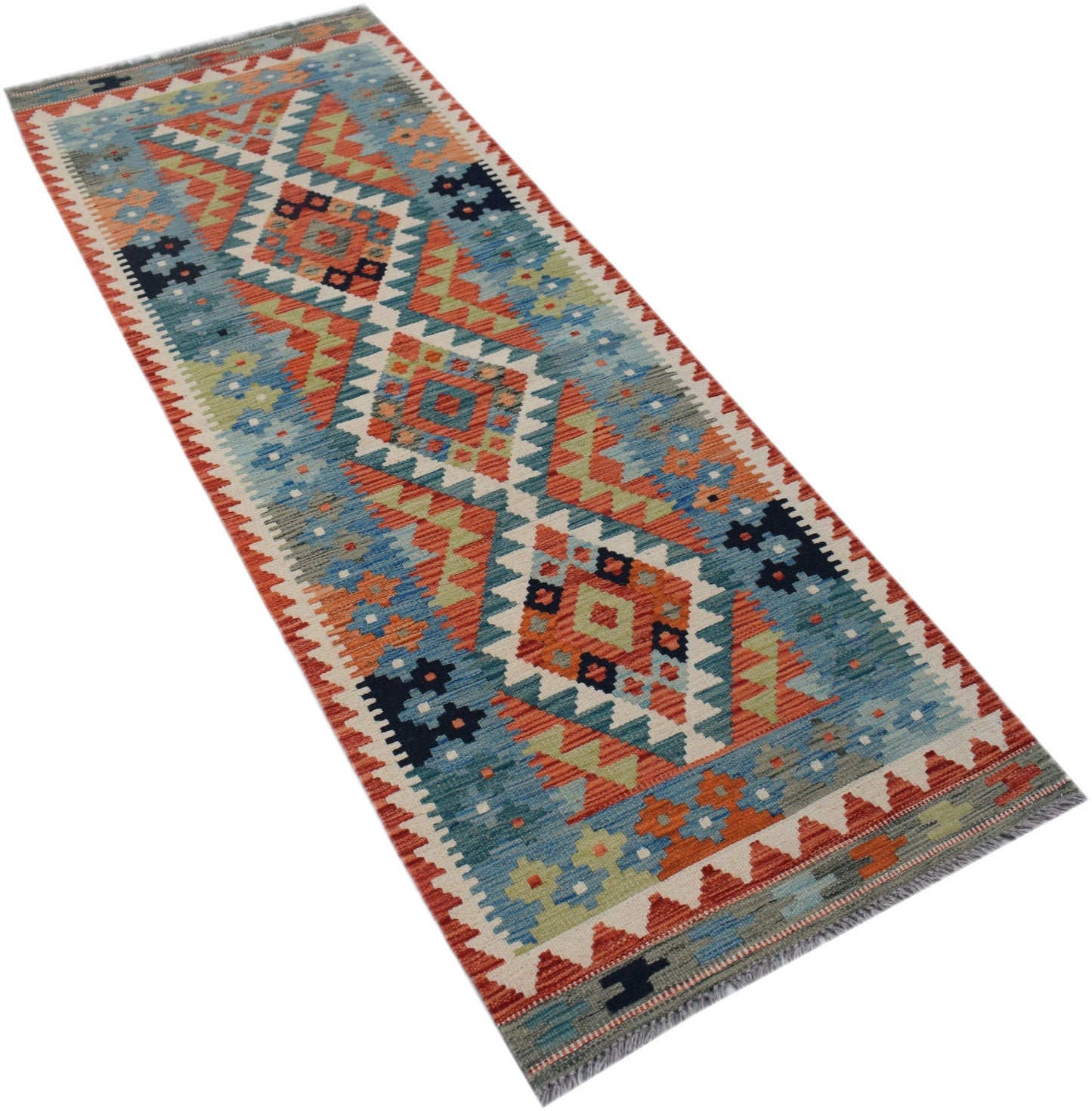 An Afghan Maimana Kilim runner featuring a geometric pattern in blue, orange, and green wool.