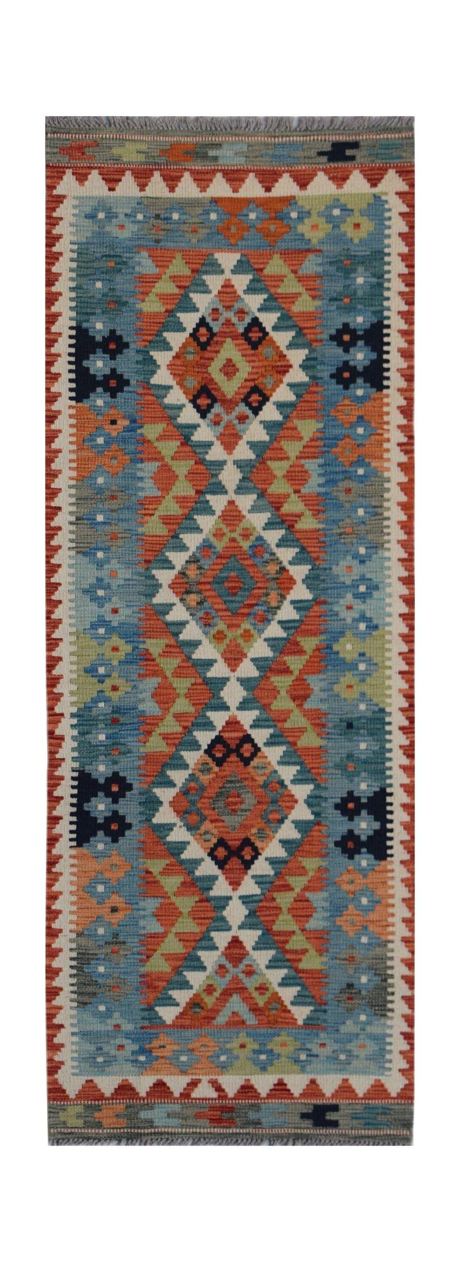 Handwoven Afghan Maimana wool runner featuring a colorful geometric diamond pattern.