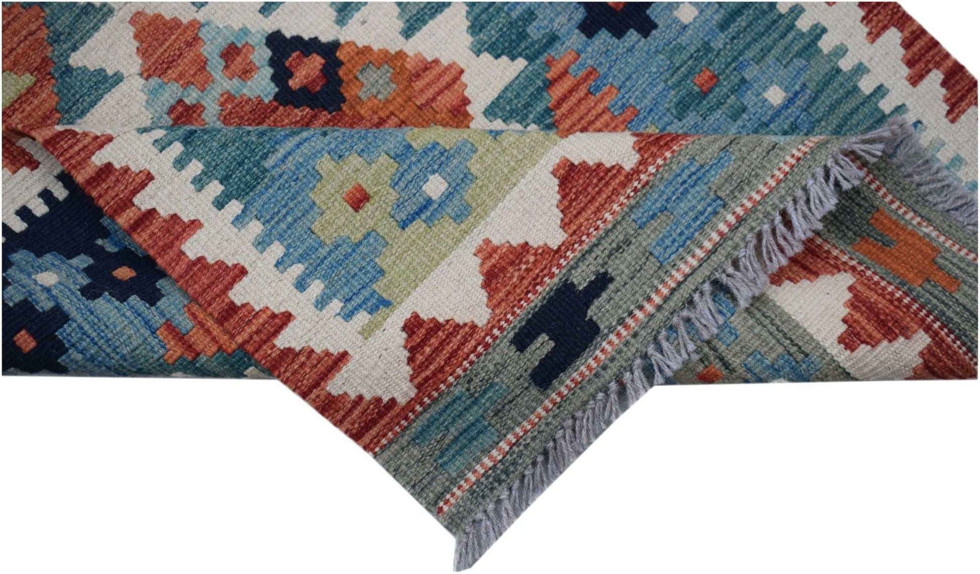 Handwoven Afghan Maimana wool runner featuring a geometric pattern in blue, orange, and cream.