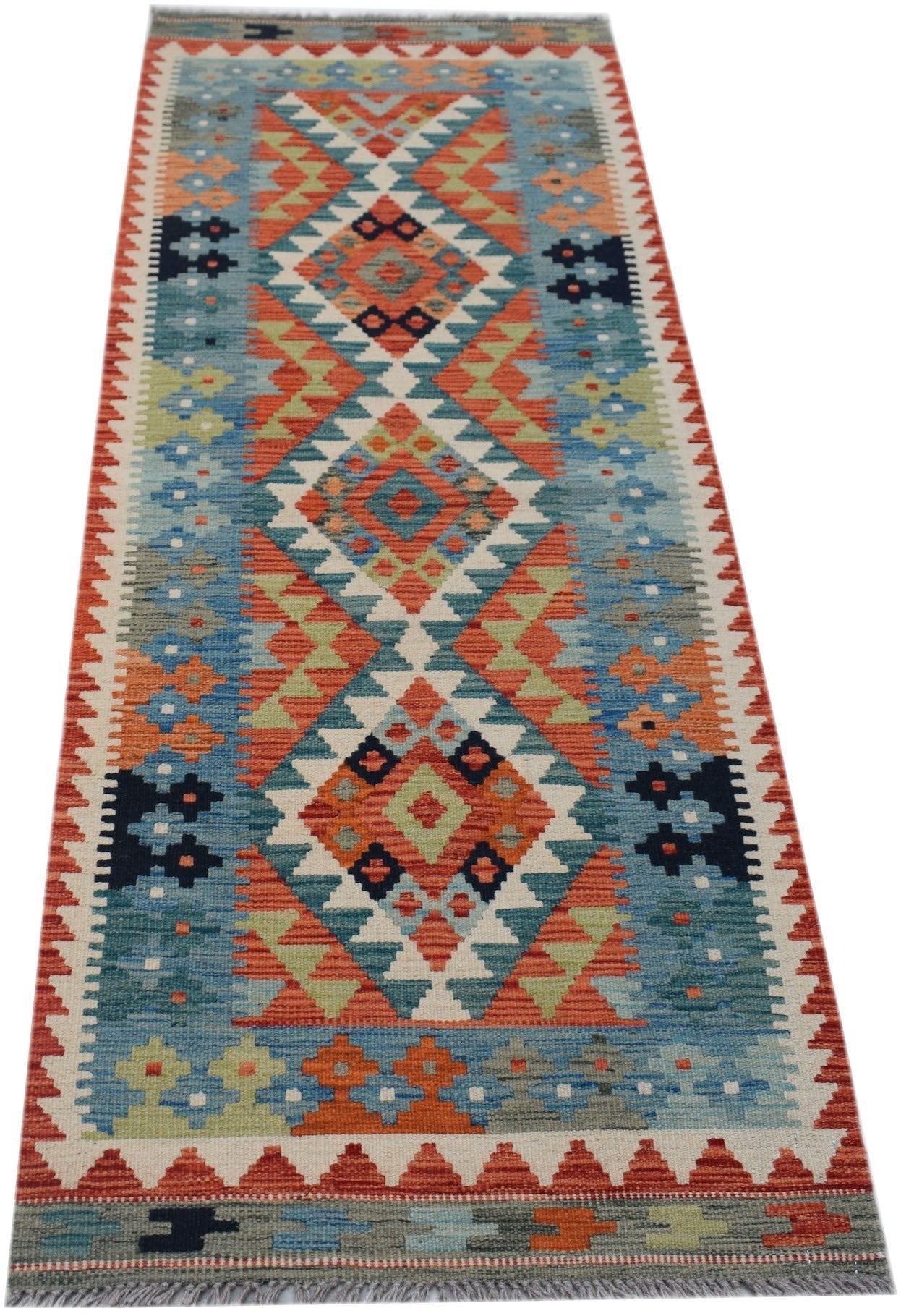 Handwoven Afghan Maimana wool runner rug featuring a colorful geometric diamond pattern.