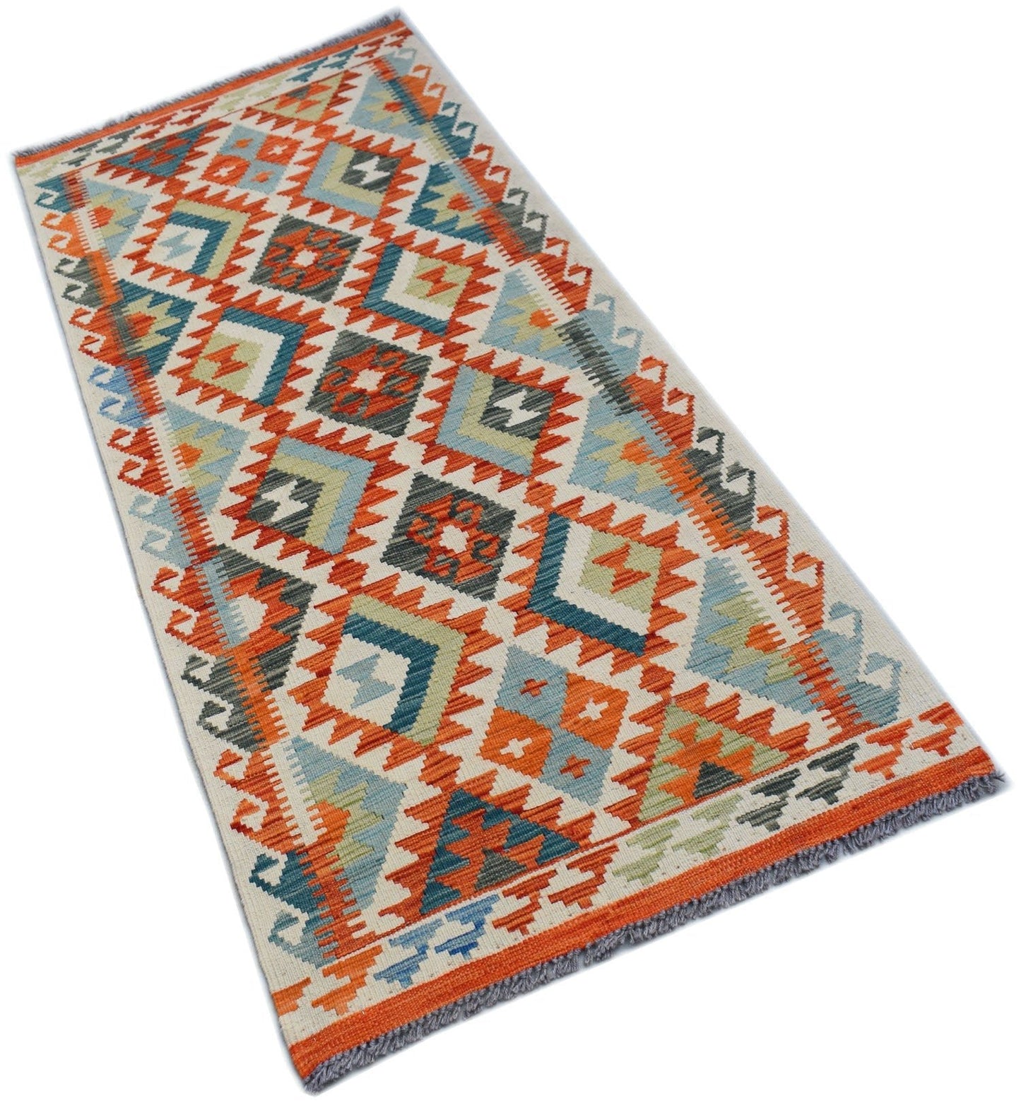 Handwoven Afghan Maimana wool runner rug featuring a colorful geometric diamond pattern.