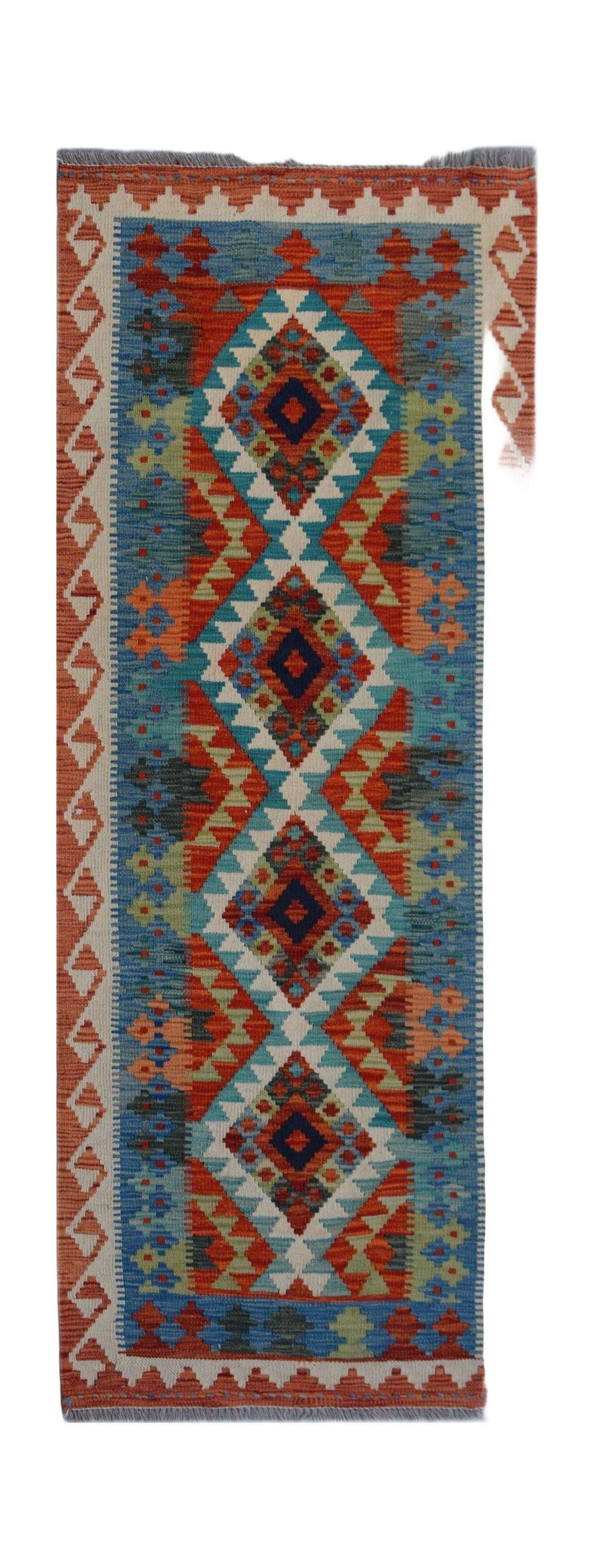 Handwoven Afghan Maimana wool runner rug featuring a vibrant geometric diamond pattern.