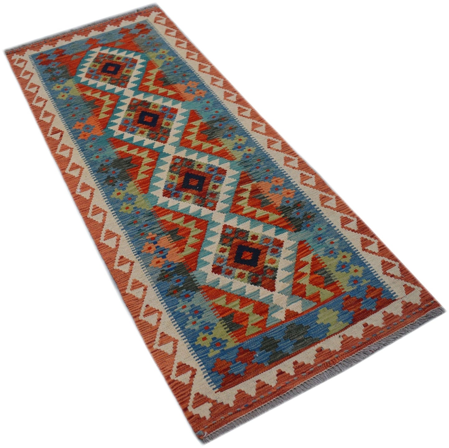 Handwoven Afghan Maimana wool runner rug featuring a colorful geometric diamond pattern.