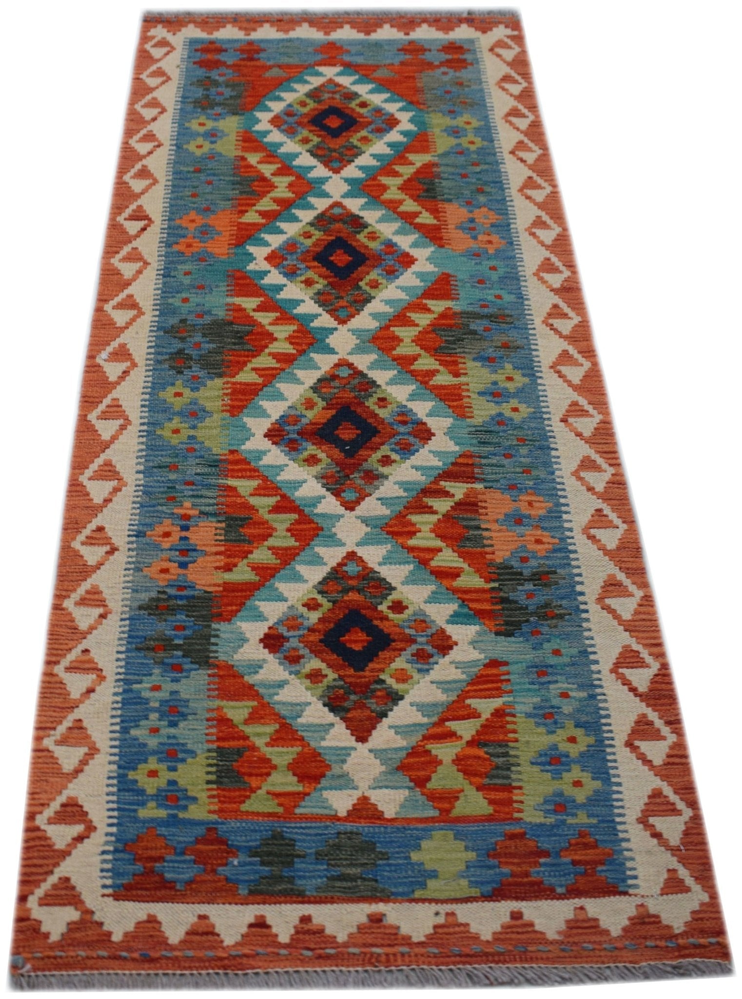 Handwoven Afghan Maimana wool runner featuring a colorful geometric diamond pattern.
