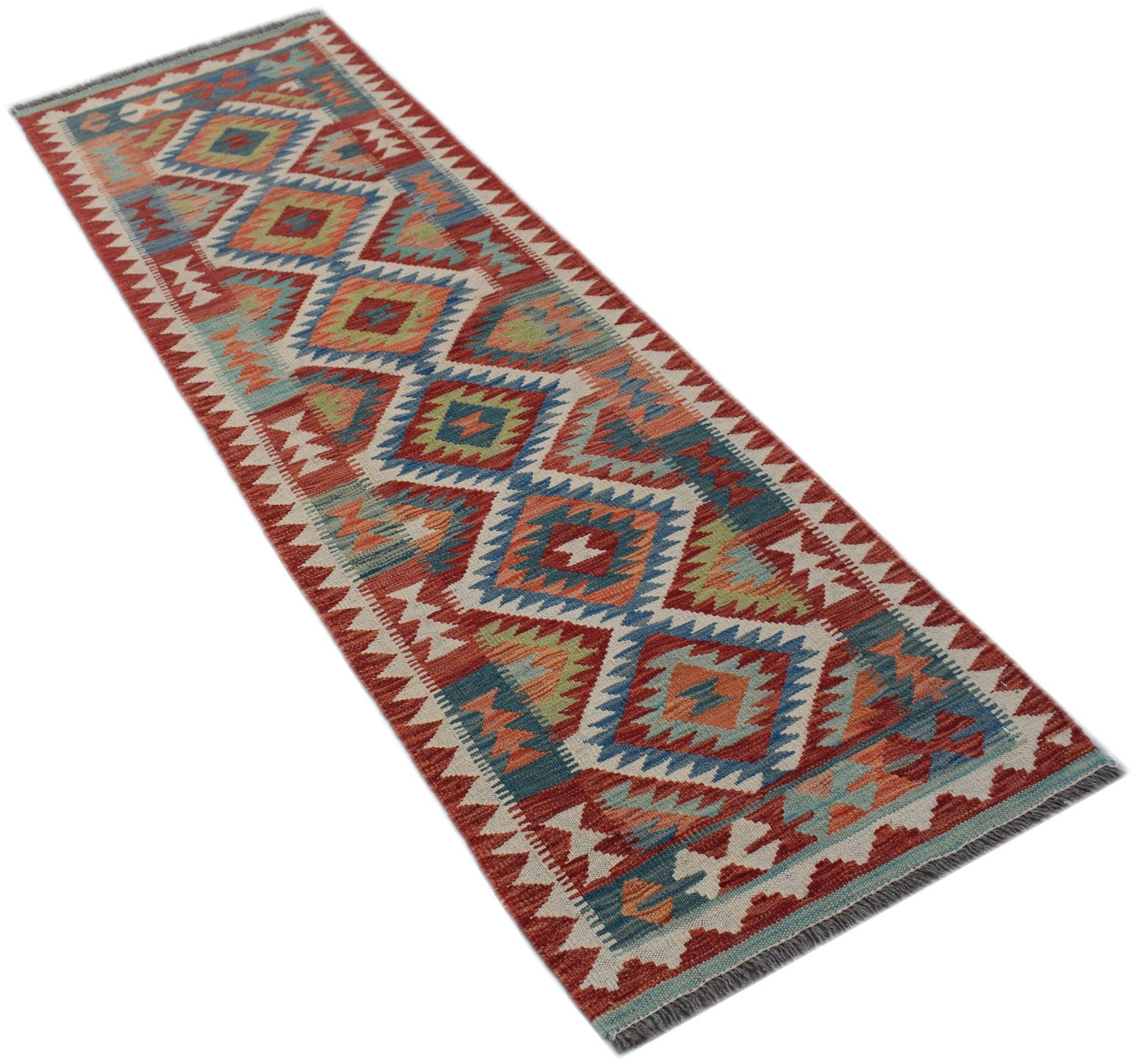 A handmade Afghan Maimana wool runner rug featuring a colorful geometric diamond pattern.
