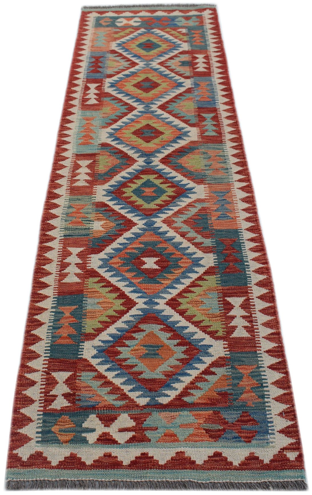 Handwoven Afghan Maimana wool runner rug featuring a colorful geometric diamond pattern.
