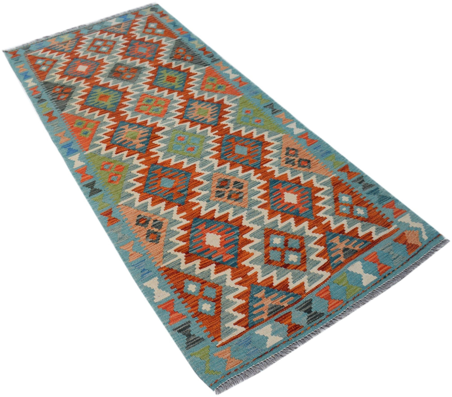 Handwoven Afghan Maimana wool runner rug featuring a vibrant geometric diamond pattern.