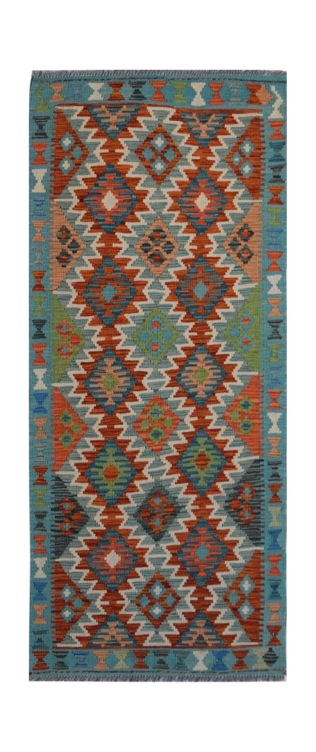 Handwoven Afghan Maimana wool runner rug featuring a vibrant geometric diamond pattern.