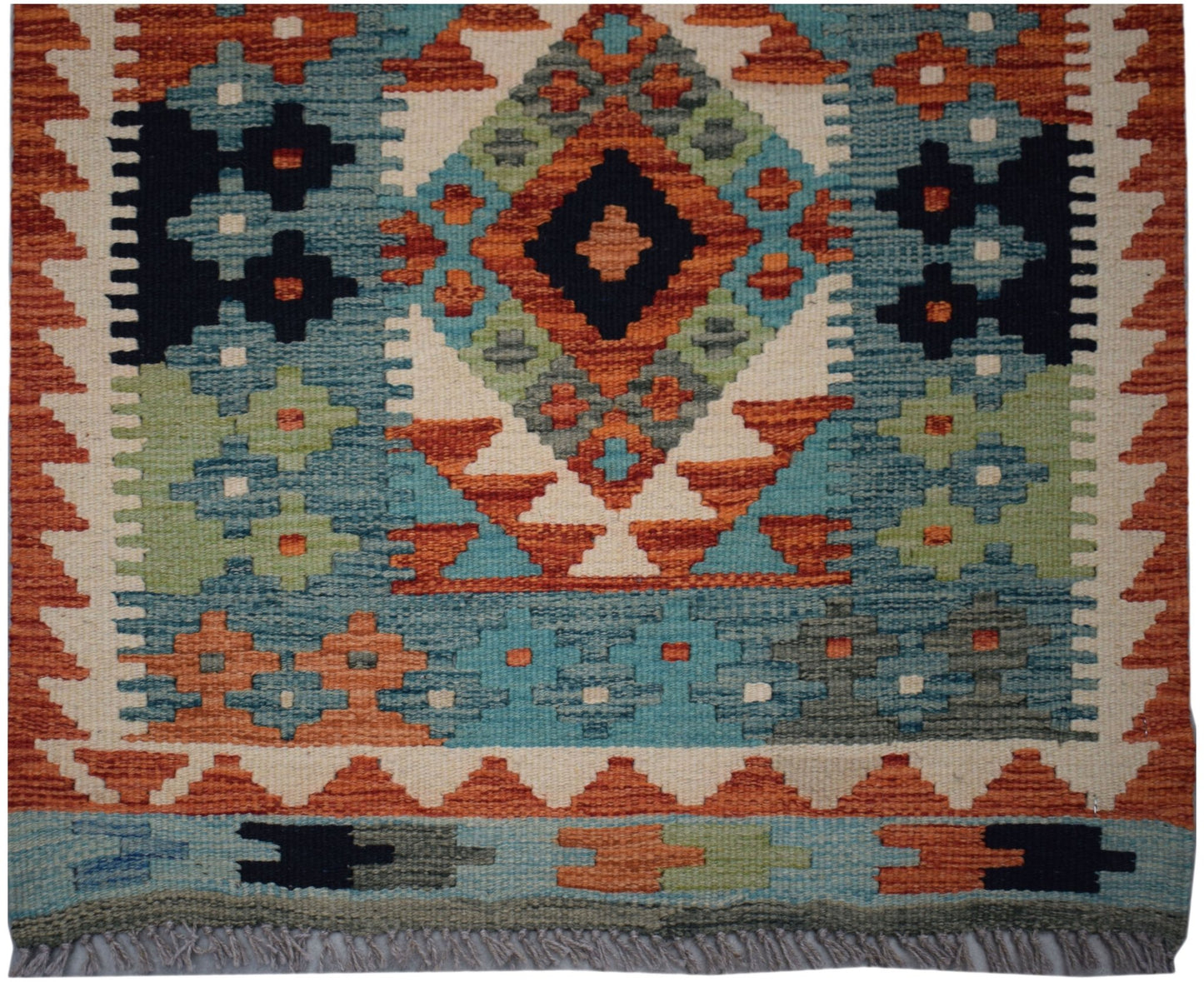 Handwoven Afghan Maimana wool runner featuring a geometric pattern in blue, orange, and green.