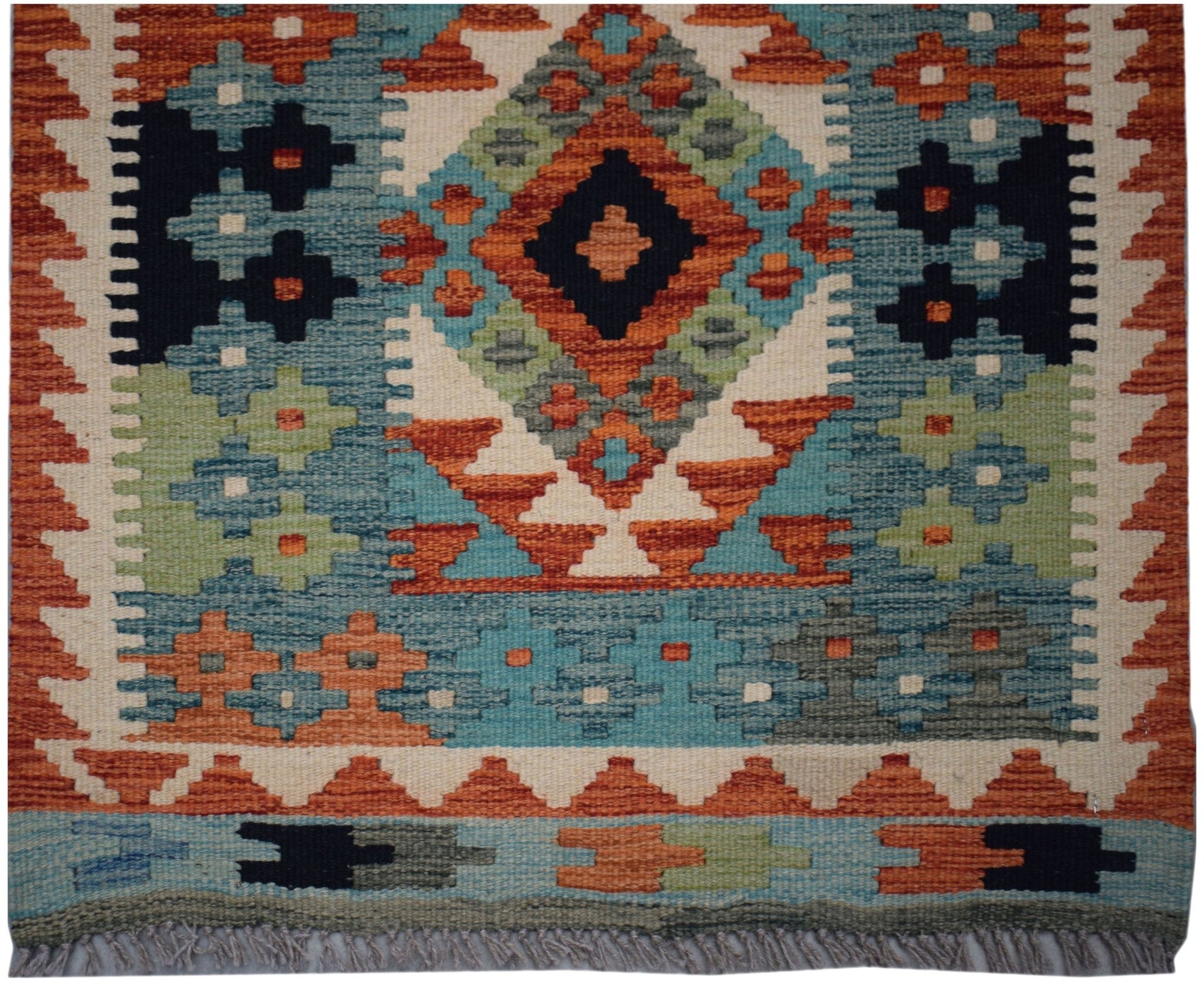 Handwoven Afghan Maimana wool runner featuring a geometric pattern in blue, orange, and green.