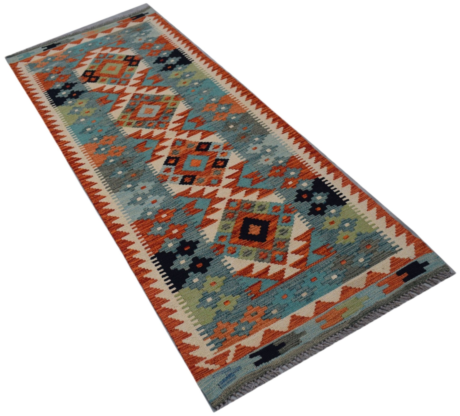 Handwoven Afghan Maimana wool runner rug featuring a geometric pattern in blue and orange tones.