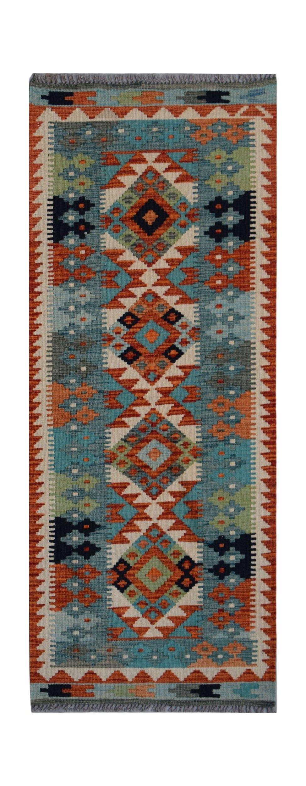 Handwoven Afghan Maimana wool runner rug featuring a colorful geometric diamond pattern.