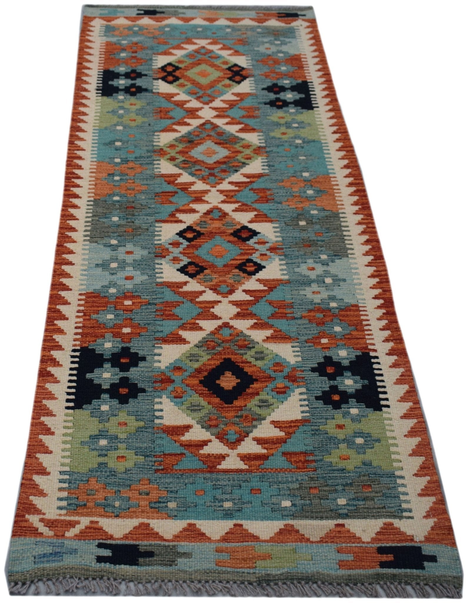 Handwoven Afghan Maimana wool runner rug featuring a geometric pattern in blue, orange, and green.