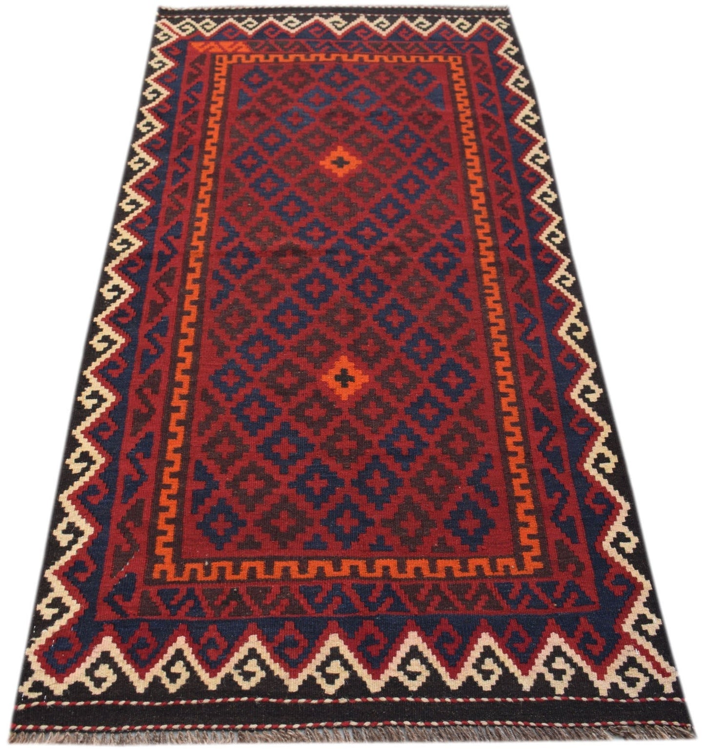 Handwoven Afghan Maimana wool runner rug featuring a geometric diamond pattern in red and blue.