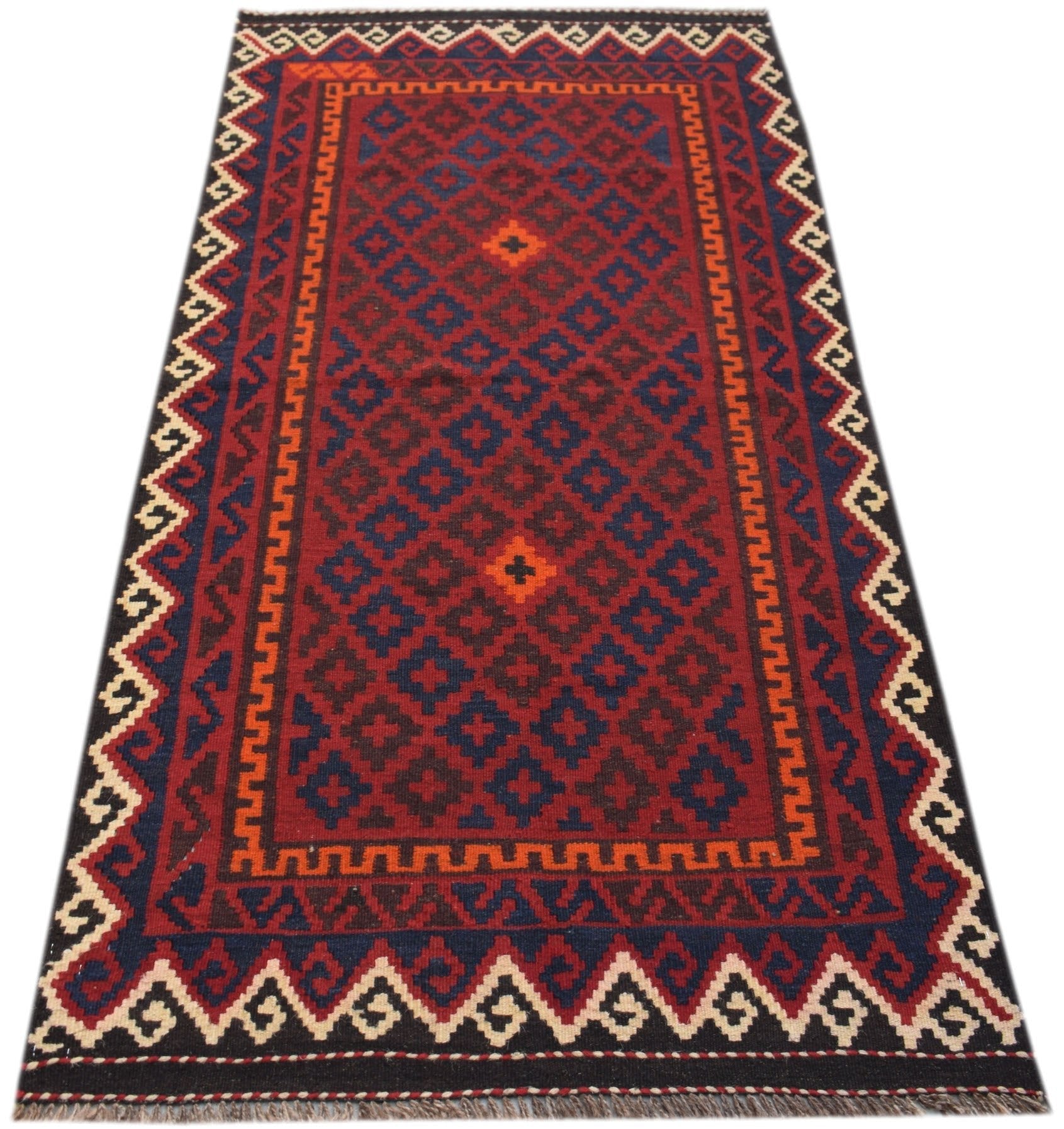 Handwoven Afghan Maimana wool runner rug featuring a geometric diamond pattern in red and blue.