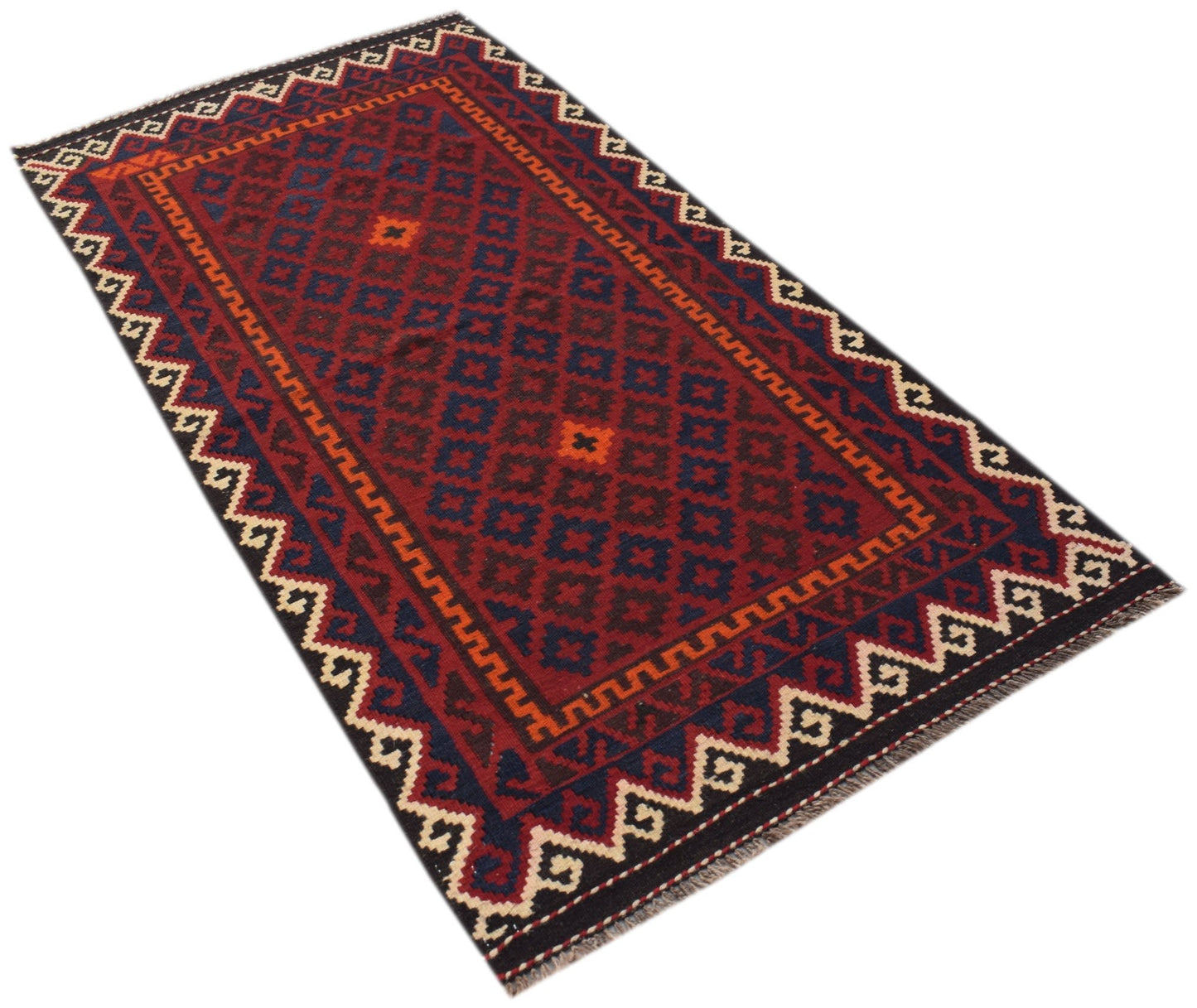 Handwoven Afghan Maimana wool runner rug featuring a geometric diamond pattern in red and blue.