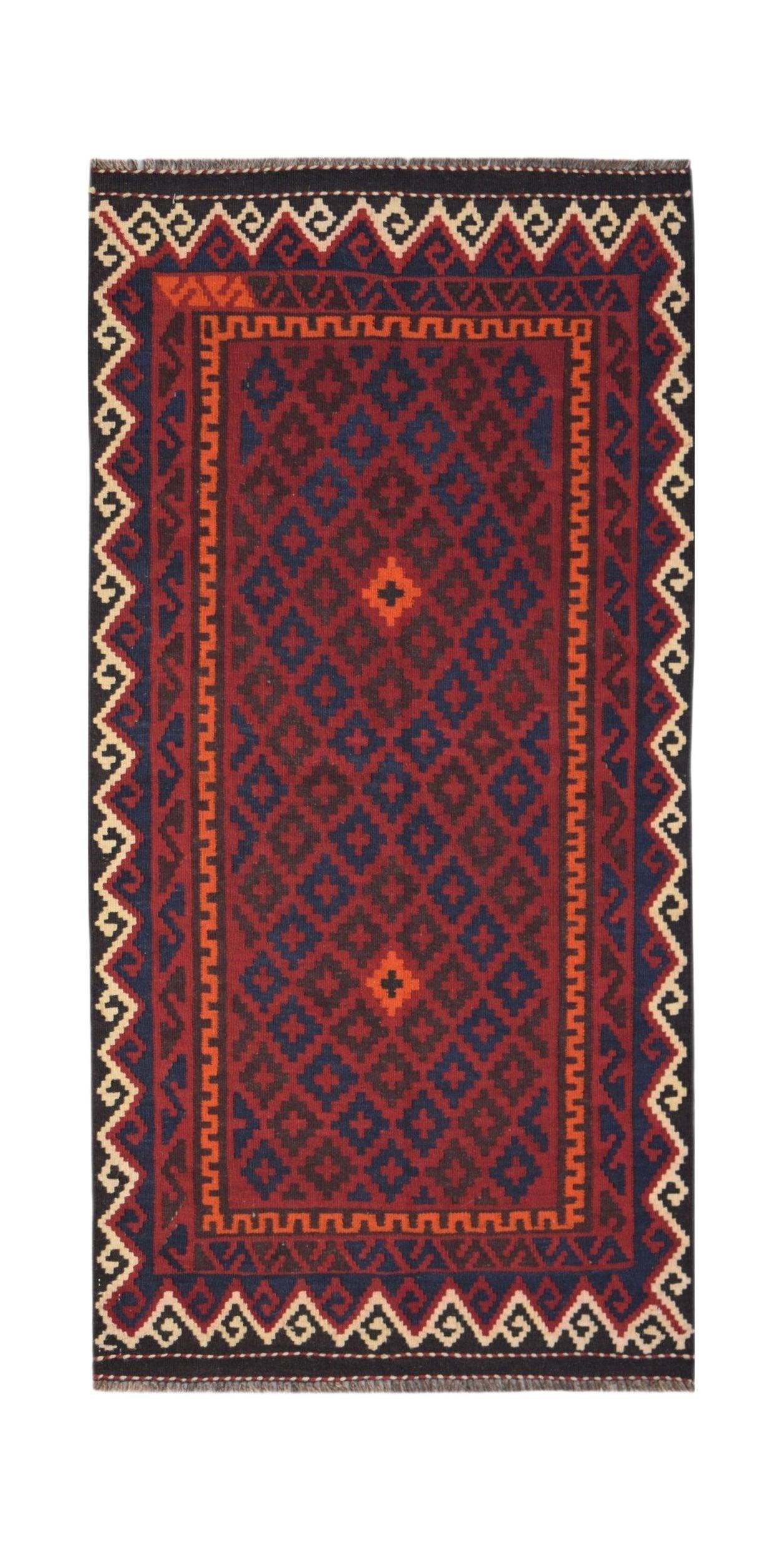 Handwoven Afghan Maimana wool runner featuring a geometric diamond pattern in red and blue.